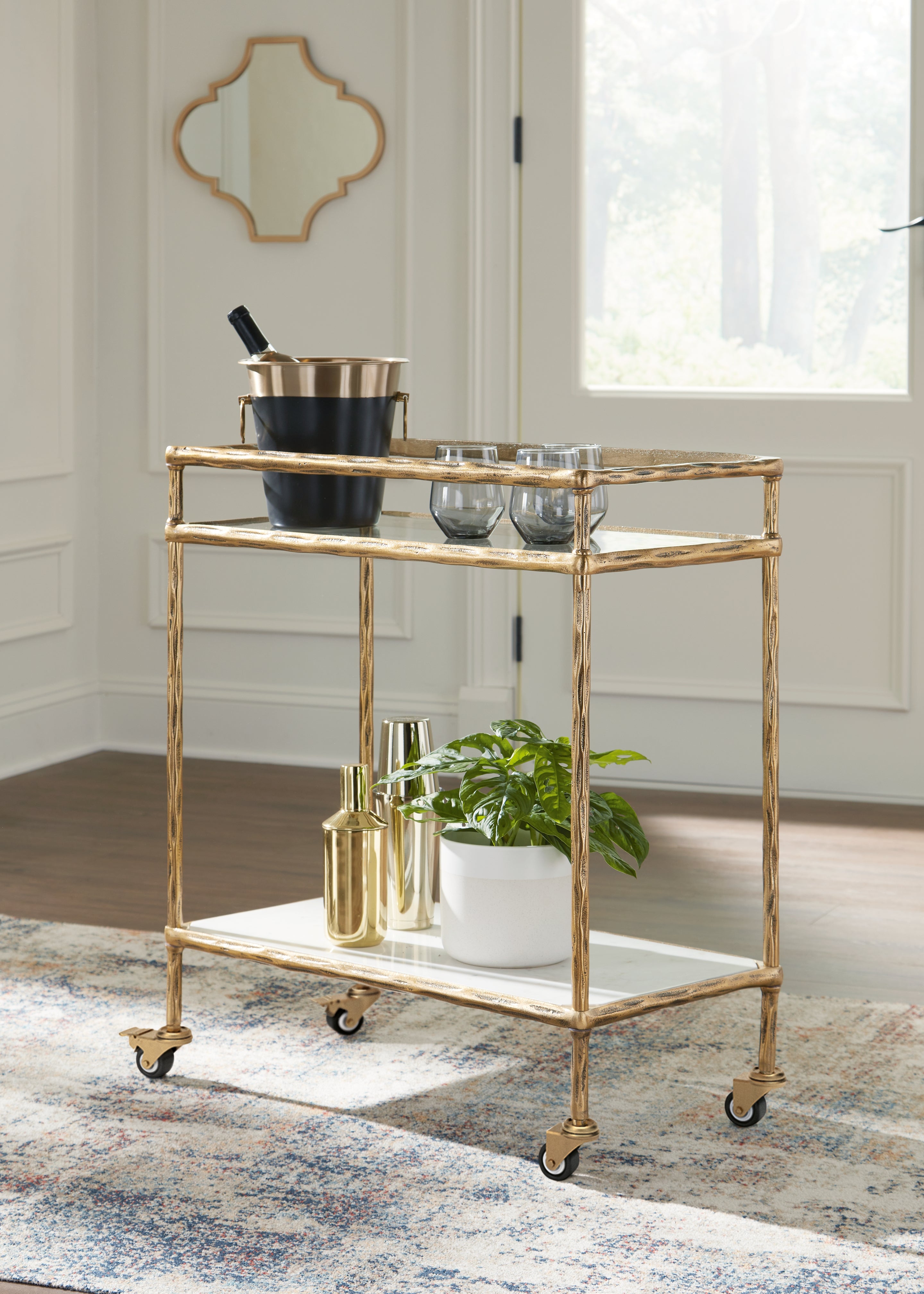 Floridian Furniture - Ashley Furniture - Plattfield Bar Cart - Bar Cart / Antique Gold Finish - A4000625