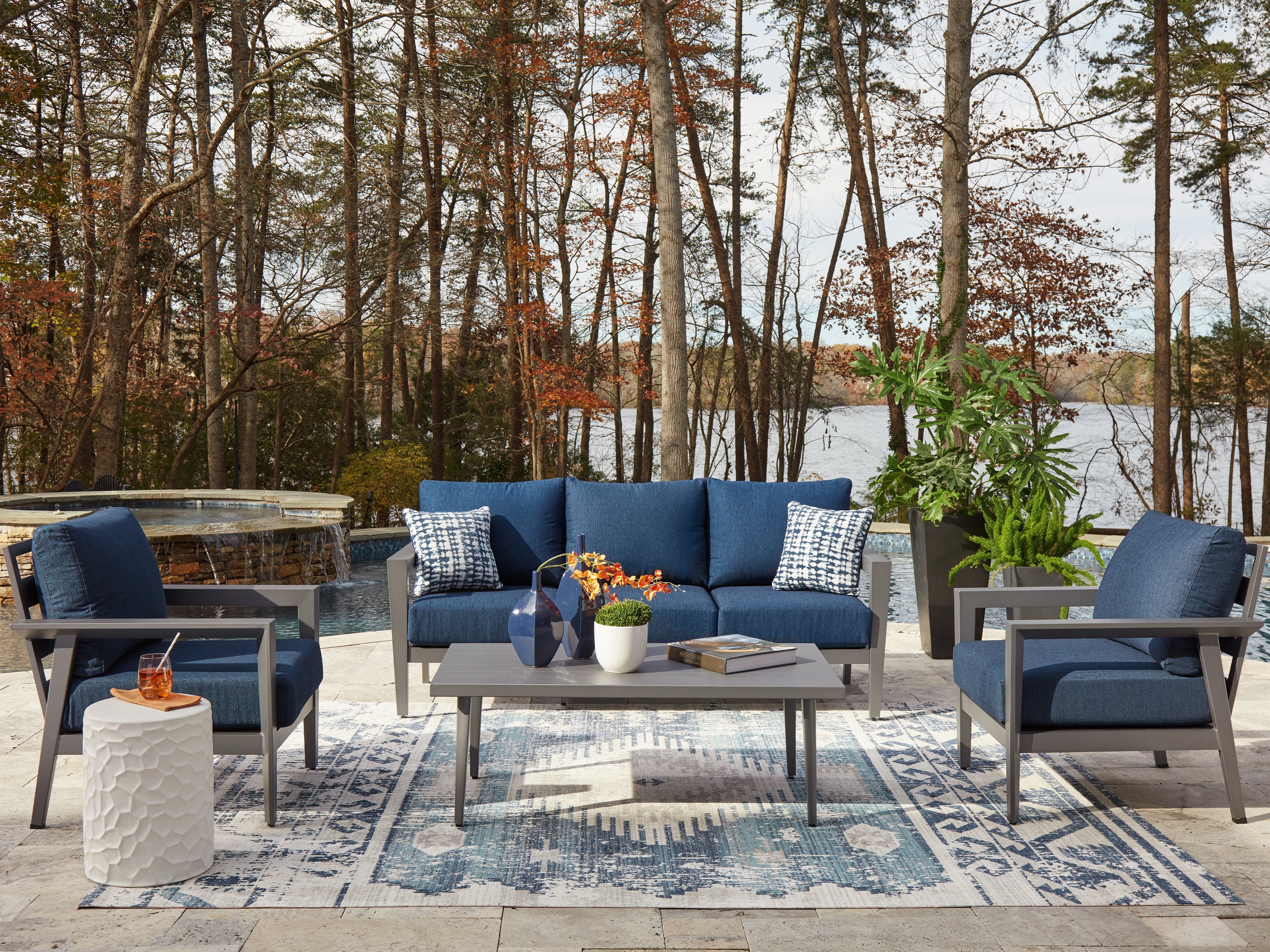 Floridian Furniture - Ashley Furniture - Gali Outdoor - Sofa/Chairs/Table Set (4/CN) / Gray/Blue - P275-081