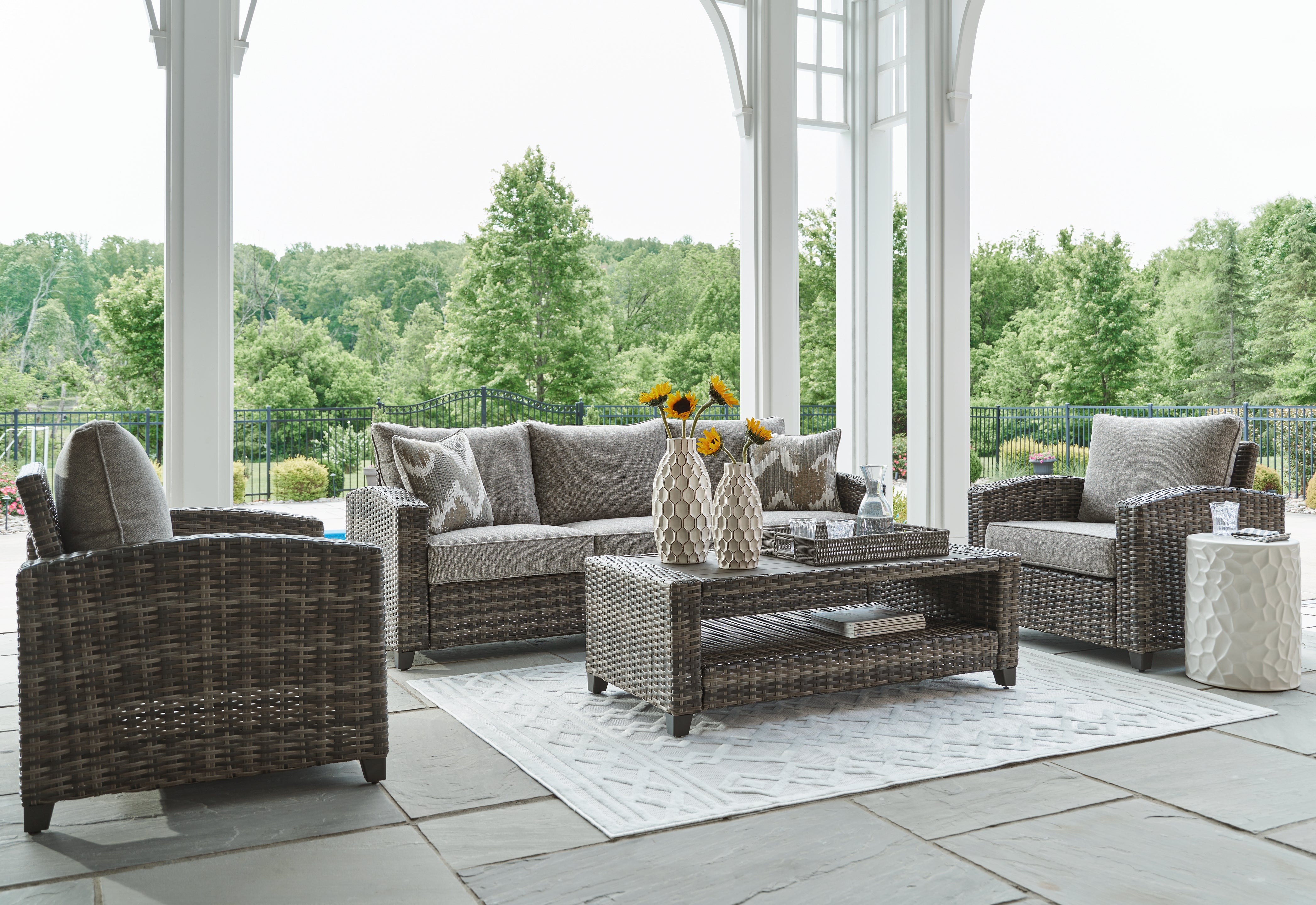 Floridian Furniture - Ashley Furniture - Oasis Court Outdoor - Sofa/Chairs/Table Set (4/CN) / Gray - P335-081
