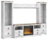 Floridian Furniture - Ashley Furniture - Willowton 4-Piece Entertainment Center with Electric Fireplace - 4-Piece Entertainment Center with Electric Fireplace / Whitewash - W267W4