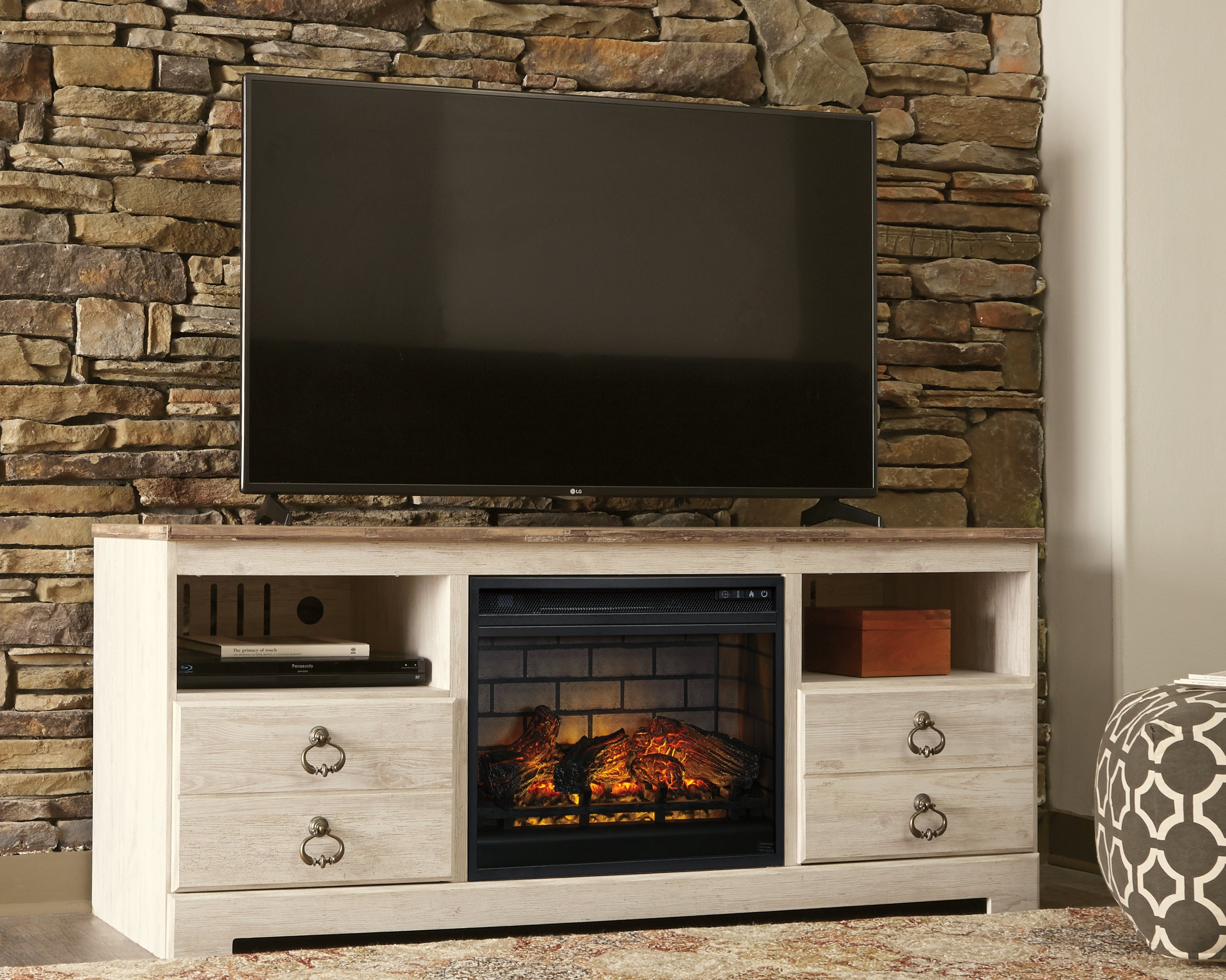 Floridian Furniture - Ashley Furniture - Willowton 64" TV Stand with Electric Fireplace - 64" TV Stand with Electric Fireplace / Whitewash - W267W8
