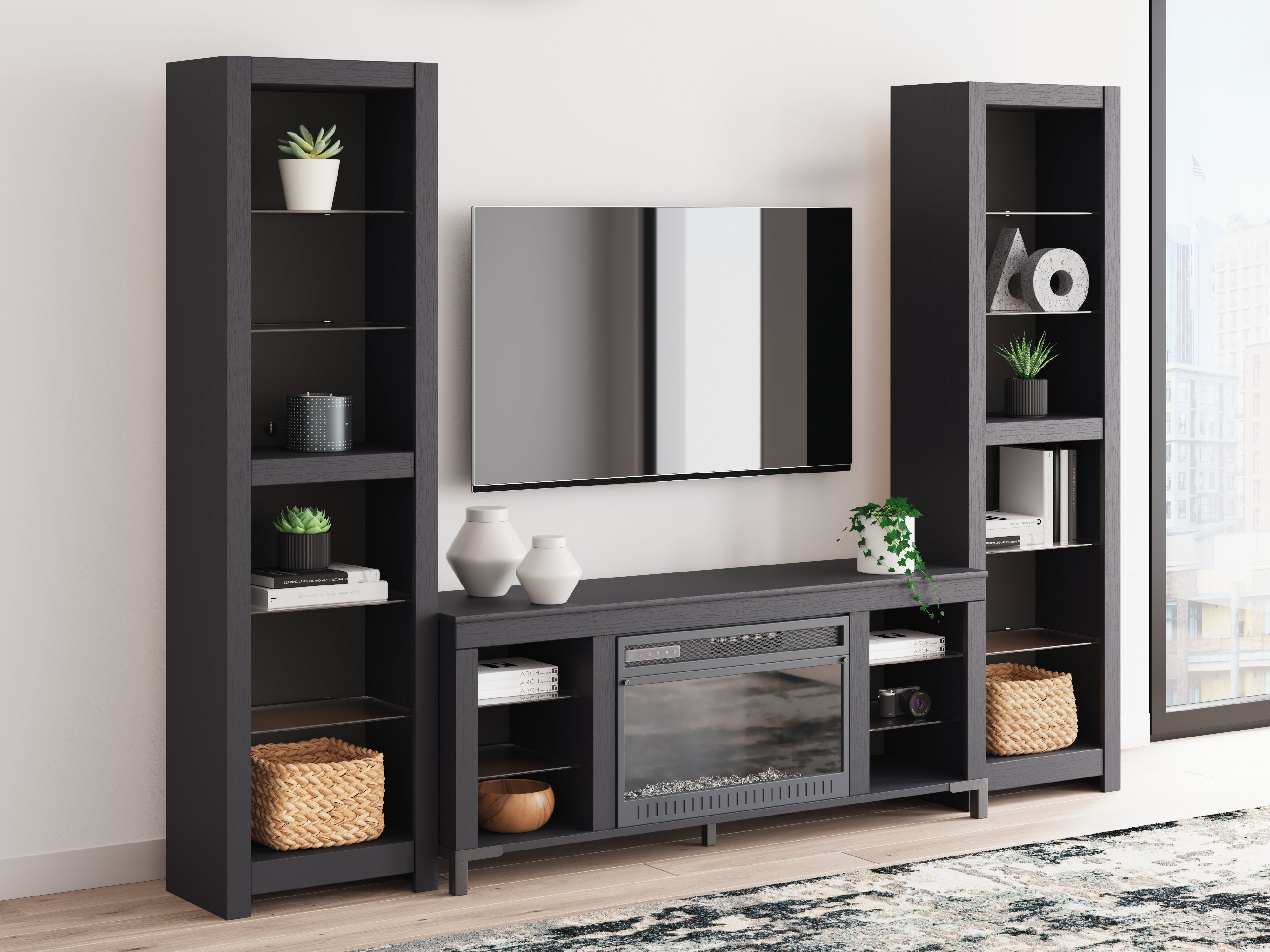 Floridian Furniture - Ashley Furniture - Cayberry 3-Piece Entertainment Center with Electric Fireplace - 3-Piece Entertainment Center with Electric Fireplace / Black - W2721W2