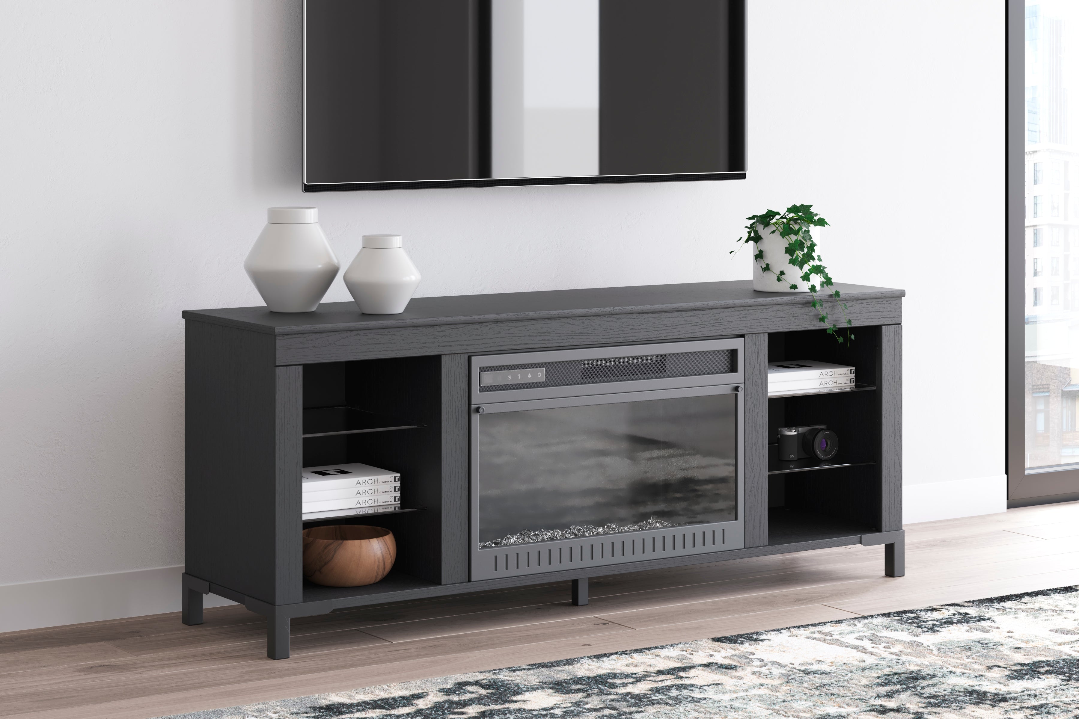 Floridian Furniture - Ashley Furniture - Cayberry TV Stand - 60" with Electric Fireplace / Black - W2721-168