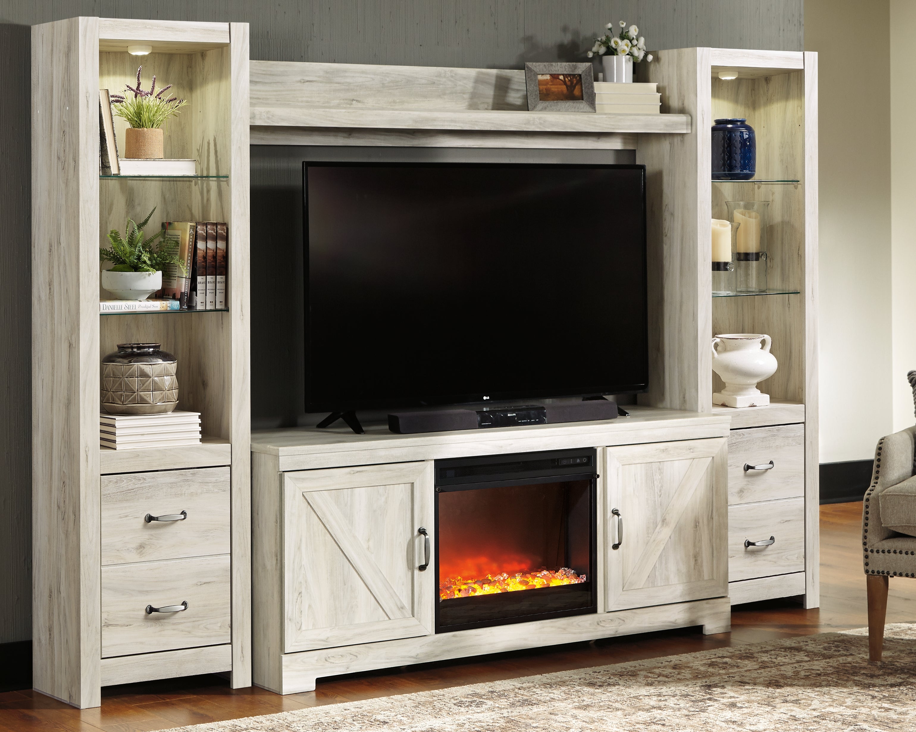 Floridian Furniture - Ashley Furniture - Bellaby 4-Piece Entertainment Center with Fireplace - 4-Piece Entertainment Center with Fireplace / Whitewash - W331W5
