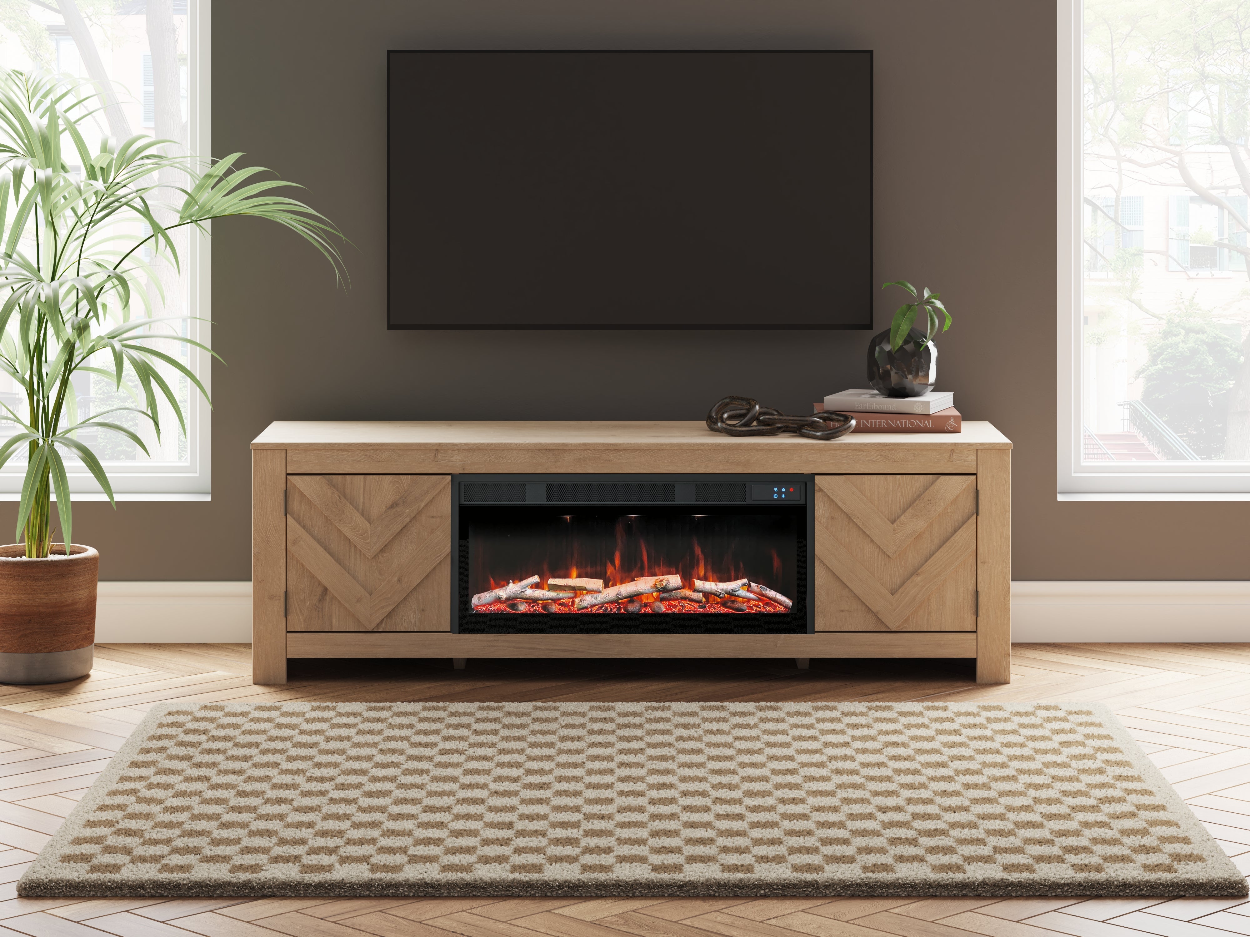 Floridian Furniture - Ashley Furniture - Cayboni 71" TV Stand with Electric Fireplace - 71" TV Stand with Electric Fireplace / Tan - W3787W1