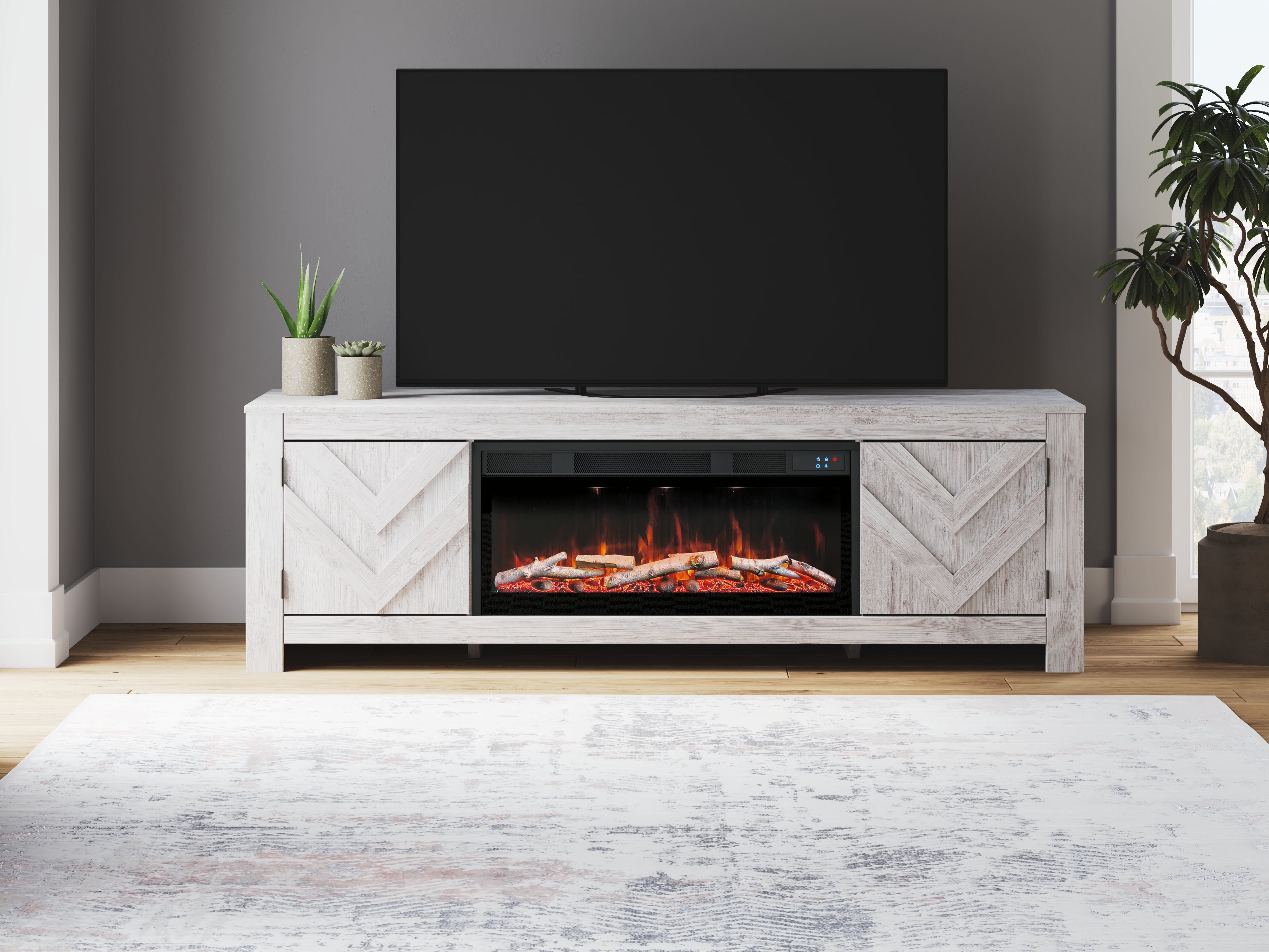 Floridian Furniture - Ashley Furniture - Cayboni 71" TV Stand with Electric Fireplace - 71" TV Stand with Electric Fireplace / Whitewash - W3788W1