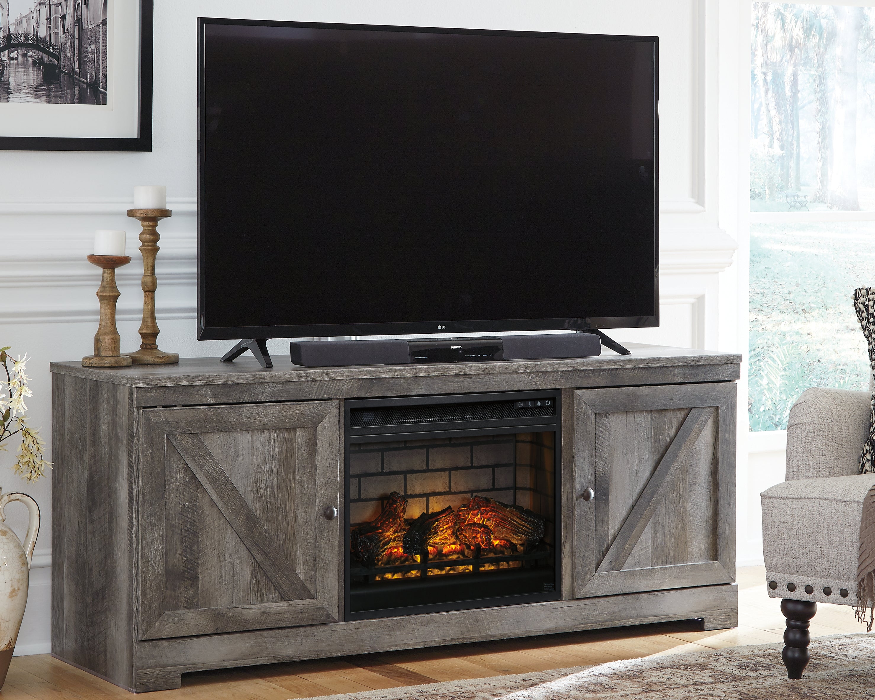 Floridian Furniture - Ashley Furniture - Wynnlow 63" TV Stand with Electric Fireplace - 63" TV Stand with Electric Fireplace / Gray - W440W9