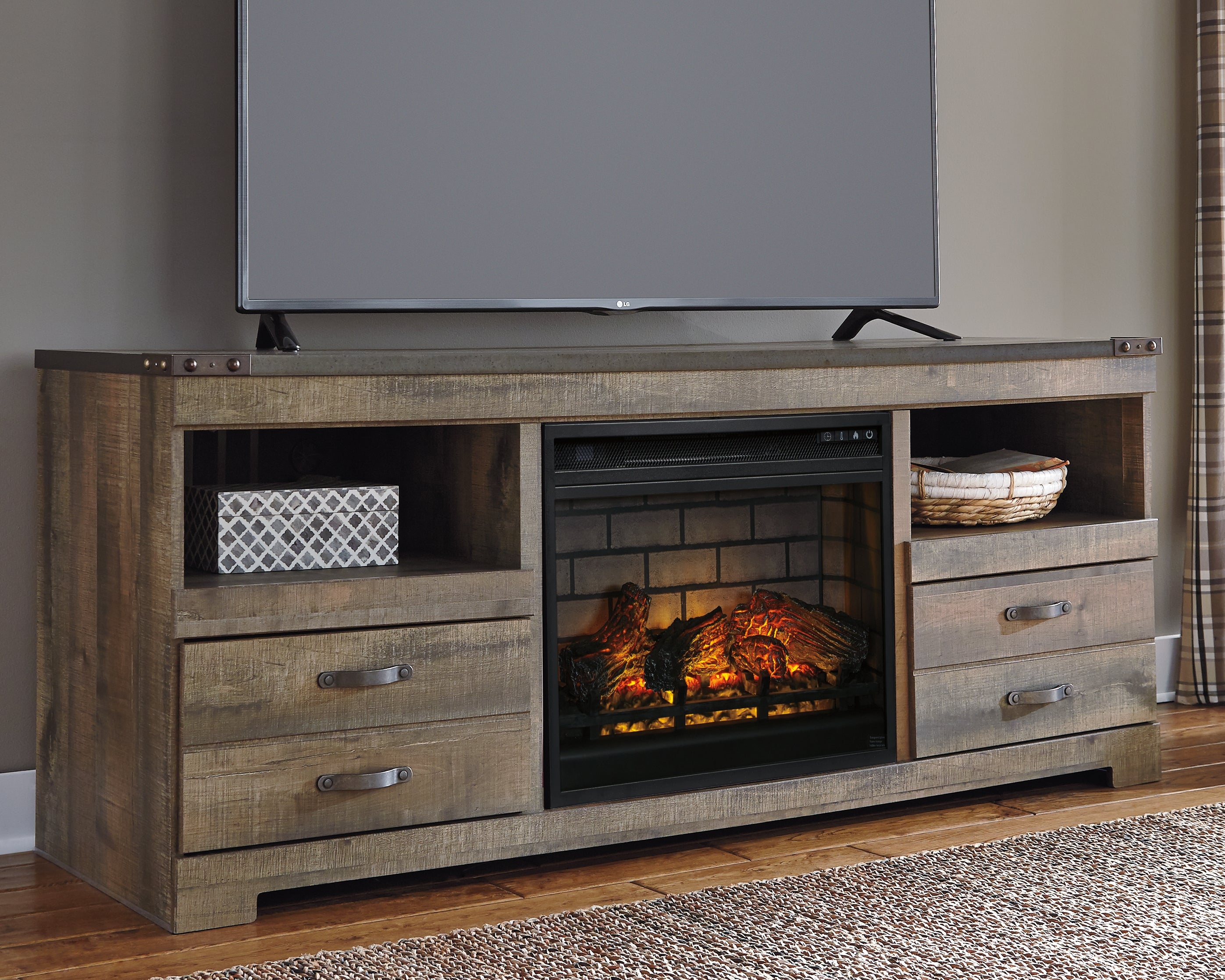 Floridian Furniture - Ashley Furniture - Trinell 63" TV Stand with Electric Fireplace - 63" TV Stand with Electric Fireplace / Brown - W446W9