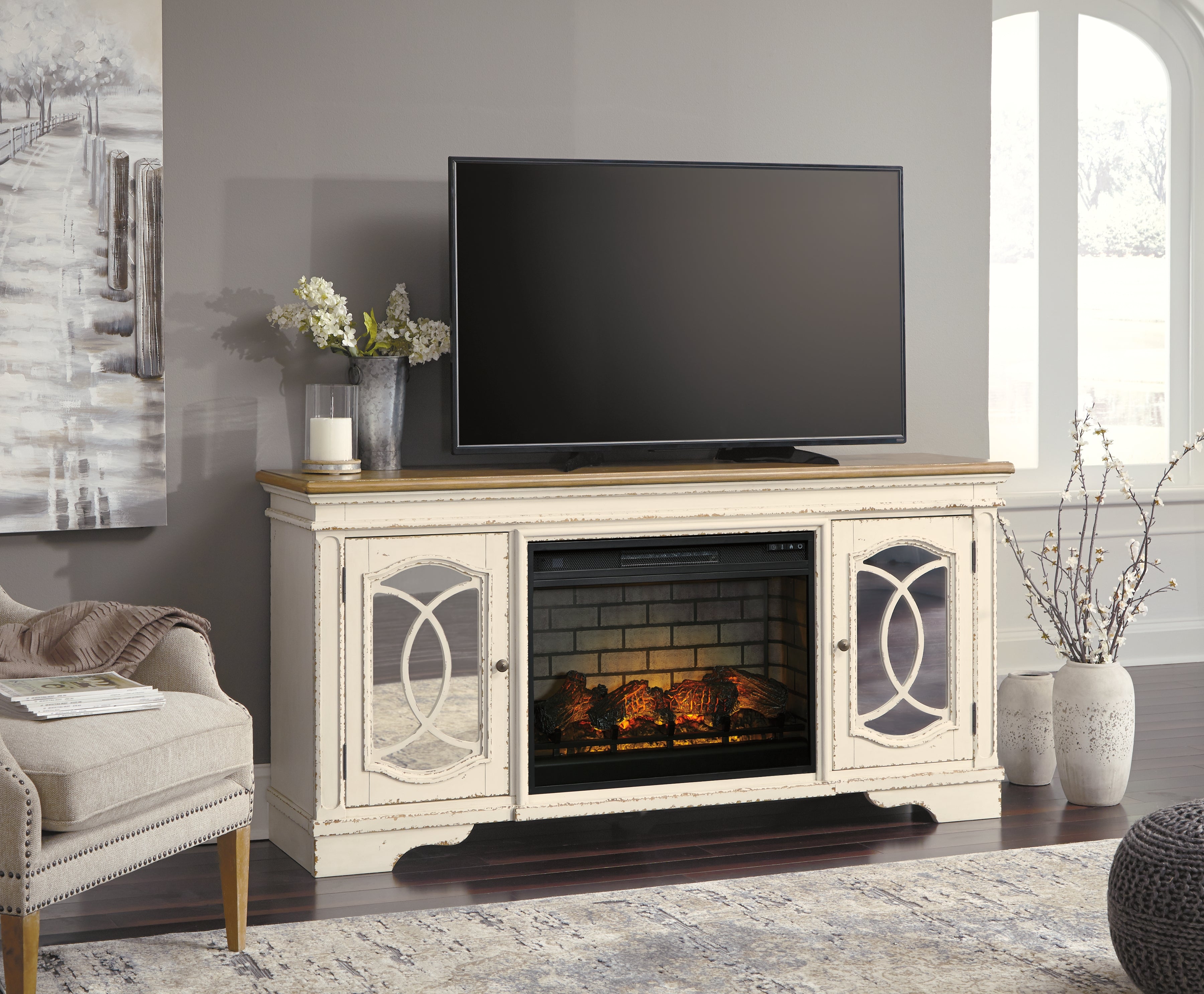 Floridian Furniture - Ashley Furniture - Realyn 74" TV Stand with Electric Fireplace - 74" TV Stand with Electric Fireplace / Chipped White - W743W2