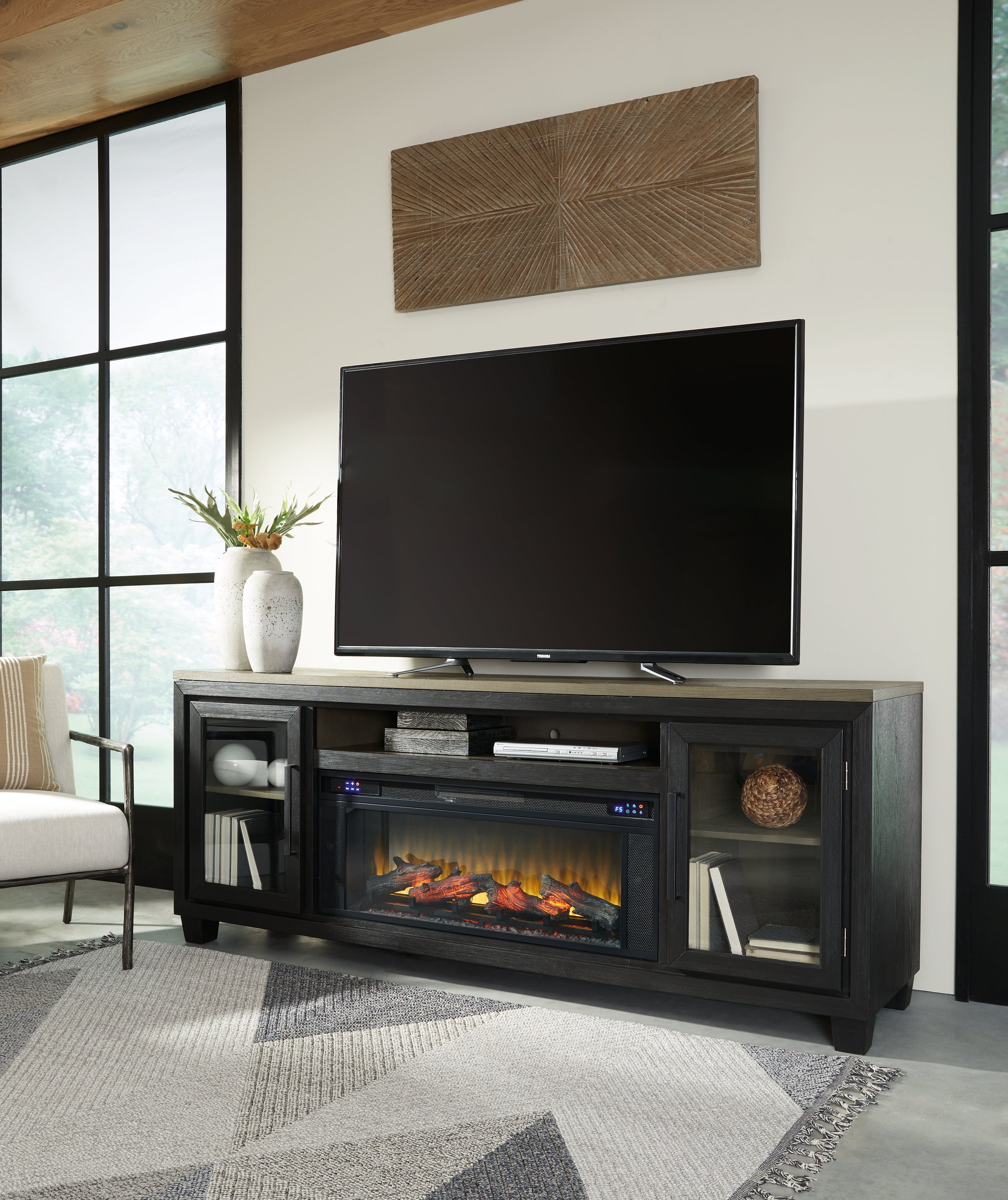 Floridian Furniture - Ashley Furniture - Foyland 83" TV Stand with Electric Fireplace - 83" TV Stand with Electric Fireplace / Black/Brown - W989W1