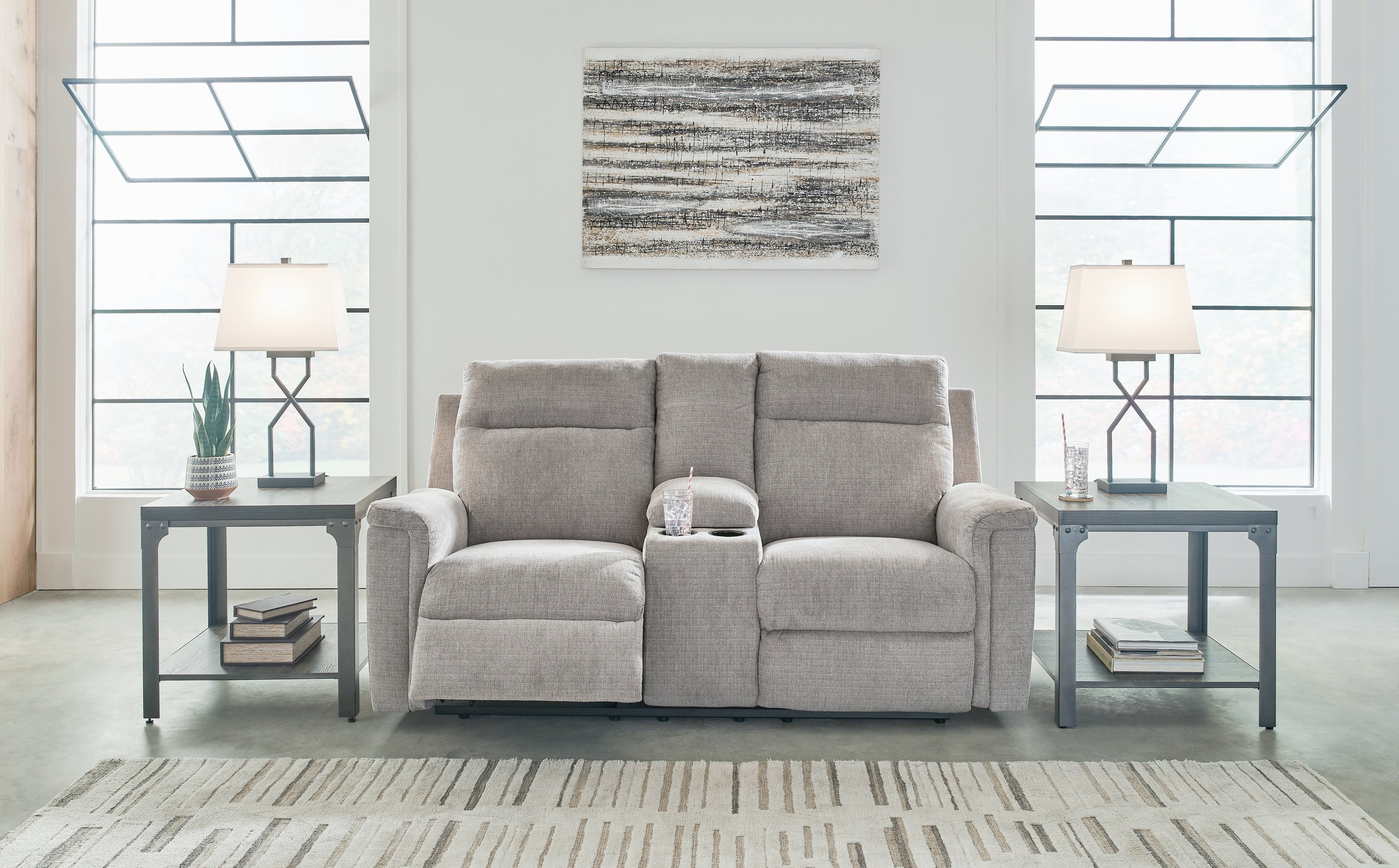 Floridian Furniture - Ashley Furniture - Barnsana Living Room - DBL REC PWR Loveseat w/Console / Ash - 3320196