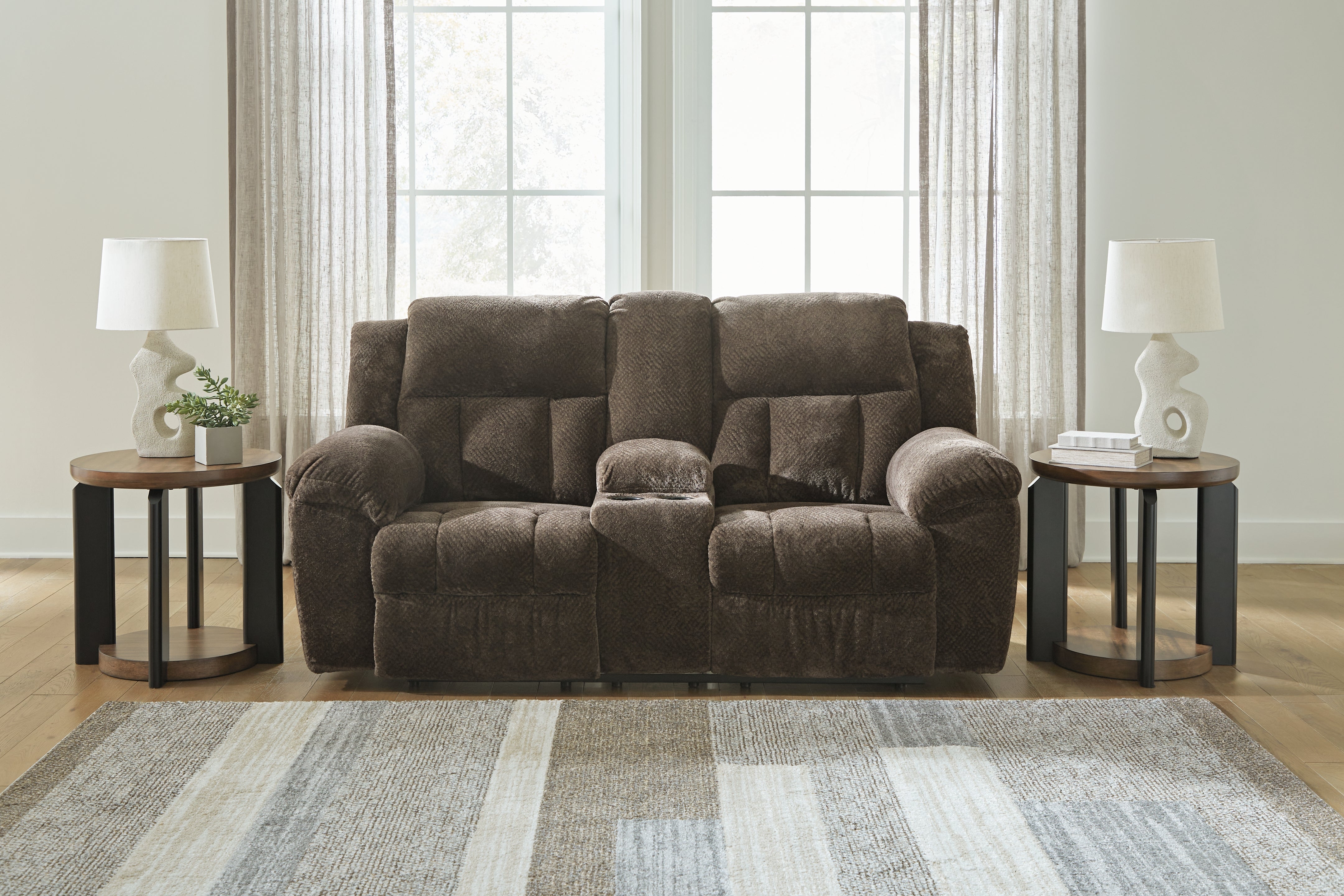 Floridian Furniture - Ashley Furniture - Frohn Living Room - DBL Rec Loveseat w/Console / Chocolate - 3740794