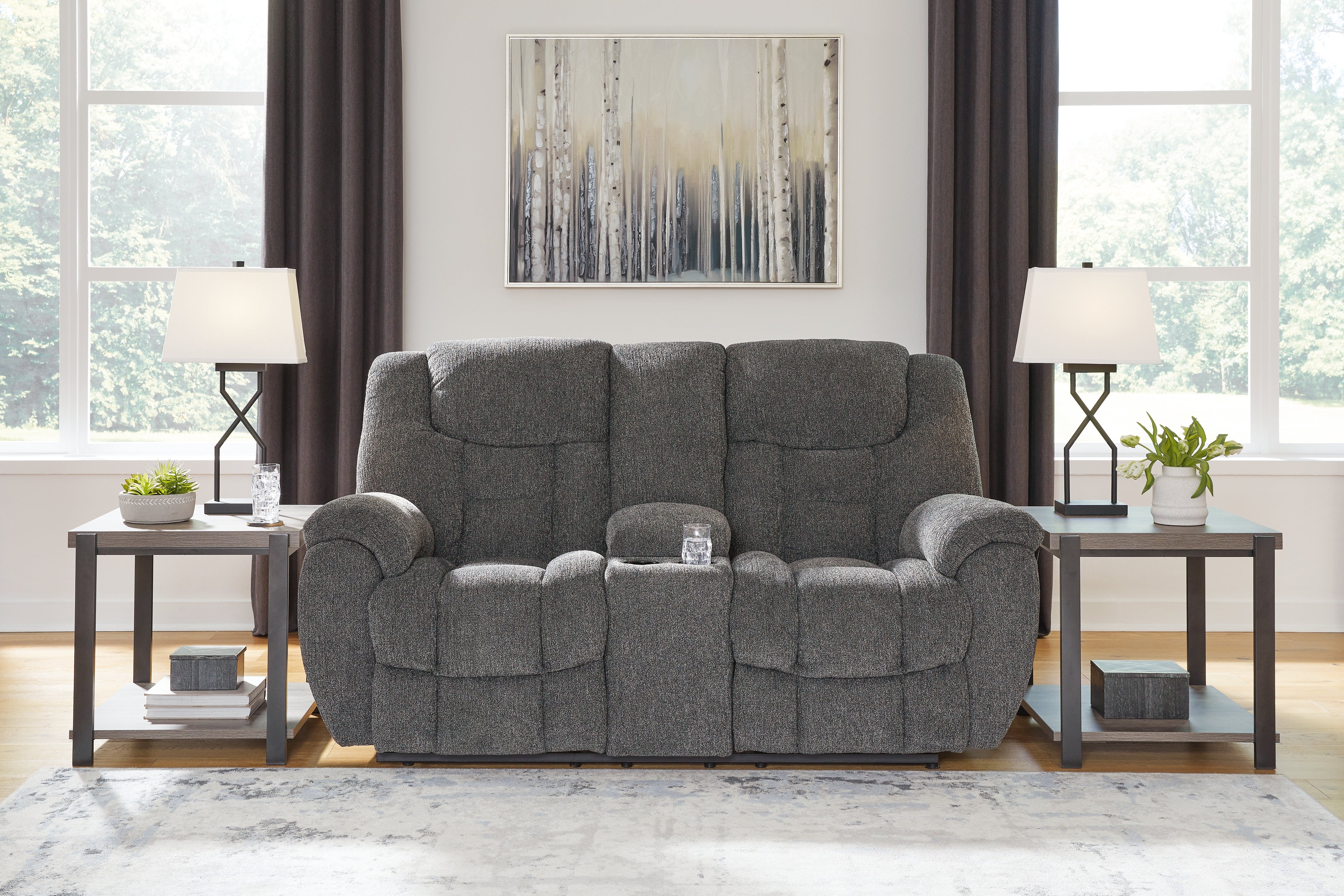 Floridian Furniture - Ashley Furniture - Foreside Living Room - DBL Rec Loveseat w/Console / Charcoal - 3810494