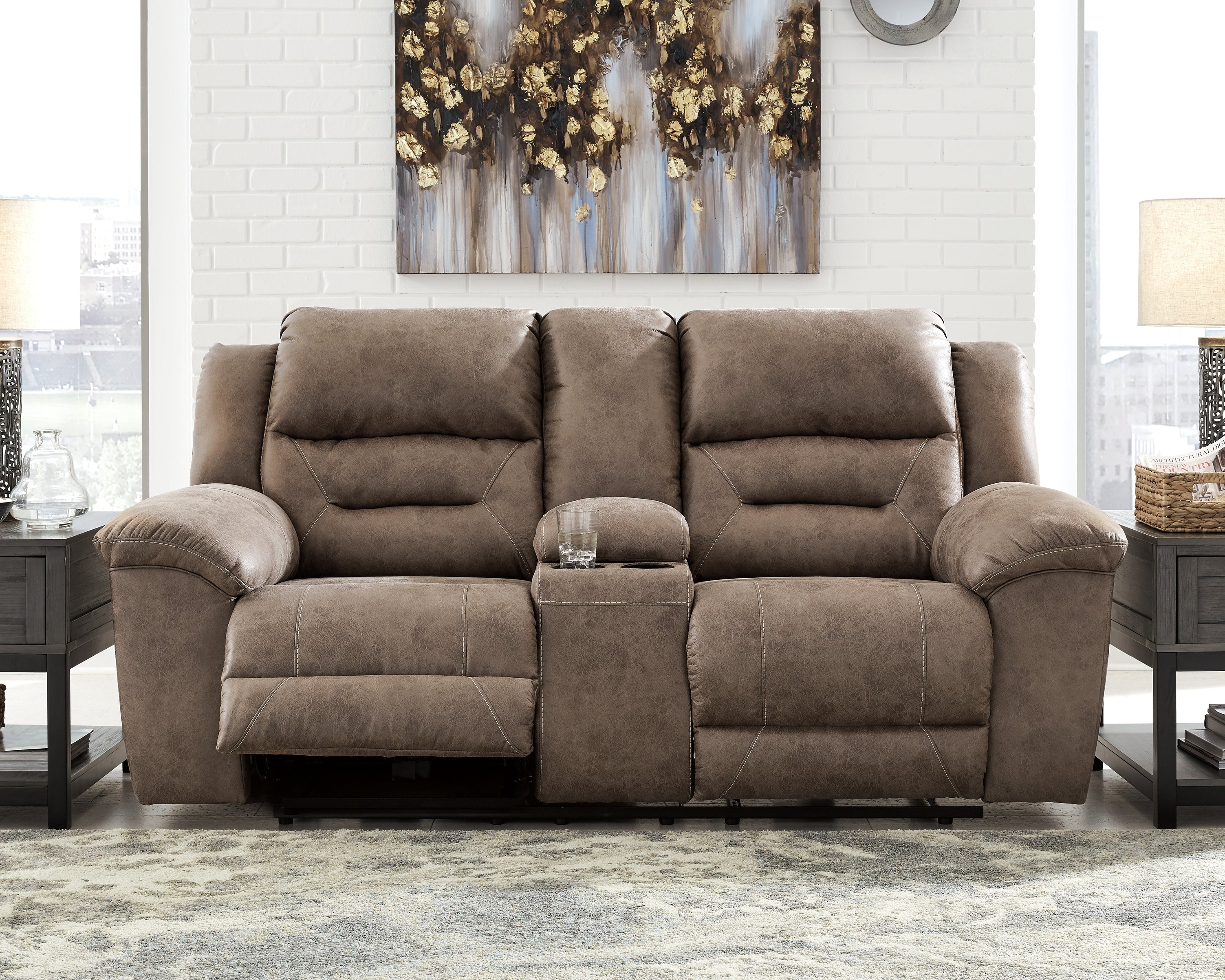 Floridian Furniture - Ashley Furniture - Stoneland Living Room - DBL REC PWR Loveseat w/Console / Fossil - 3990596