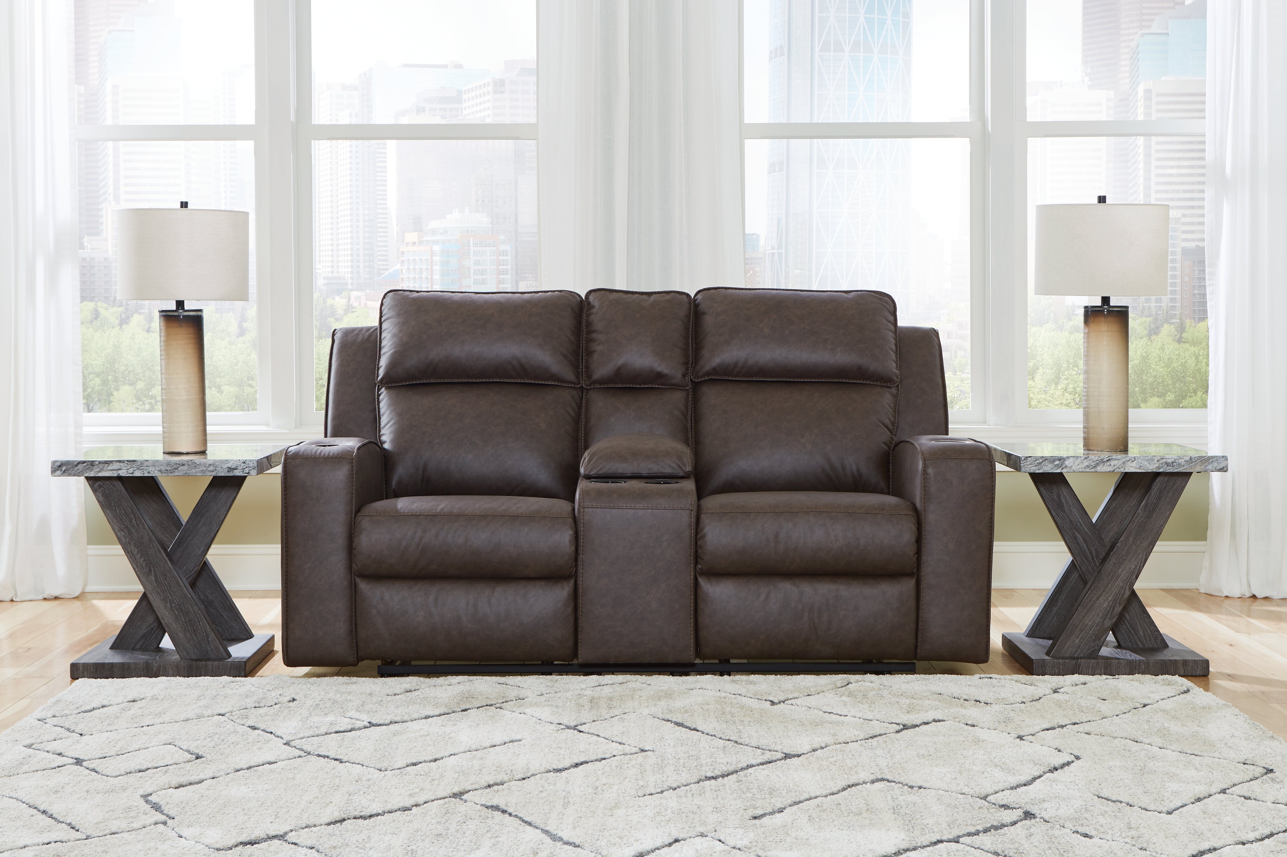 Floridian Furniture - Ashley Furniture - Lavenhorne Living Room - DBL Rec Loveseat w/Console / Umber - 6330694