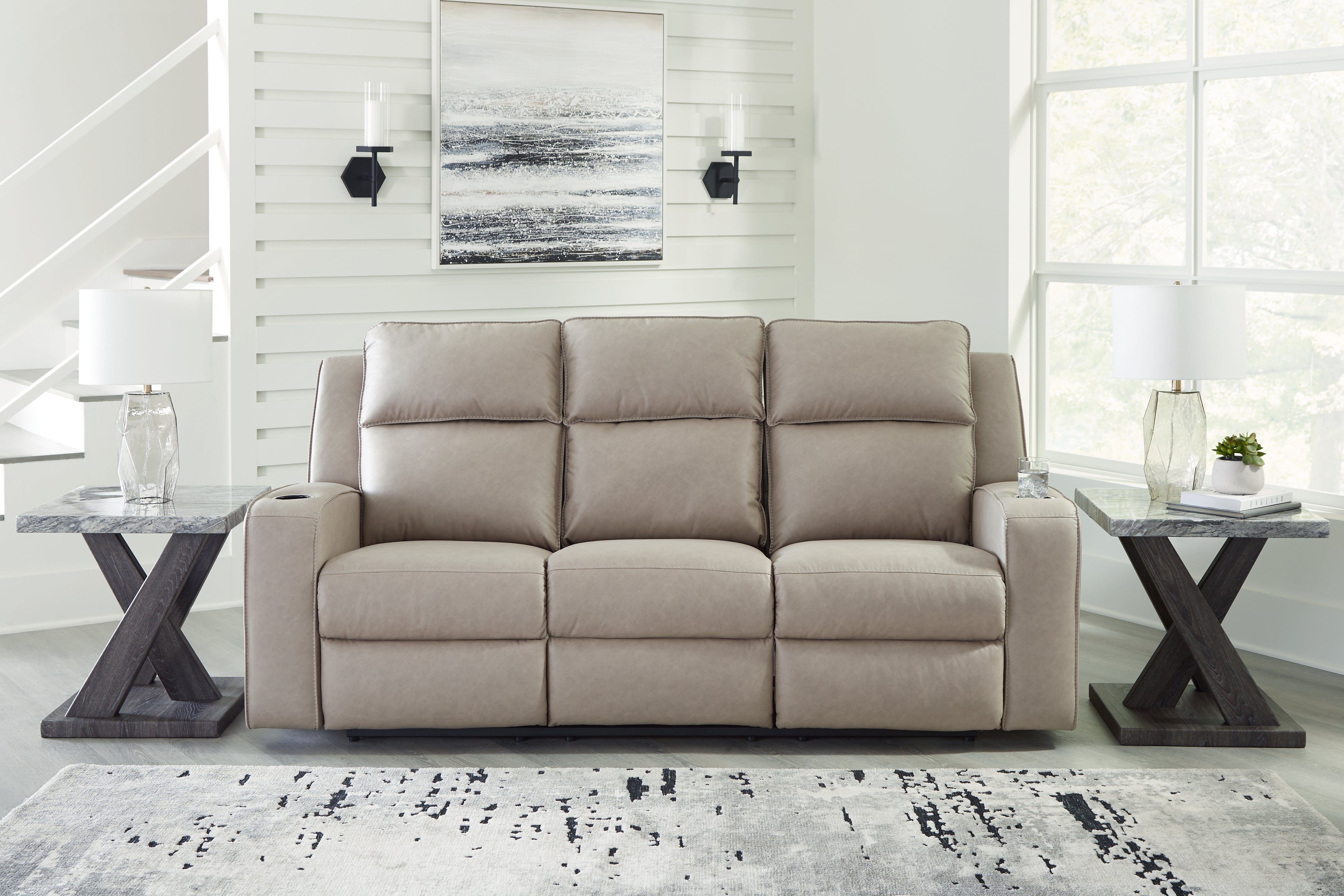 Floridian Furniture - Ashley Furniture - Lavenhorne Living Room - REC Sofa w/Drop Down Table / Pebble - 6330789