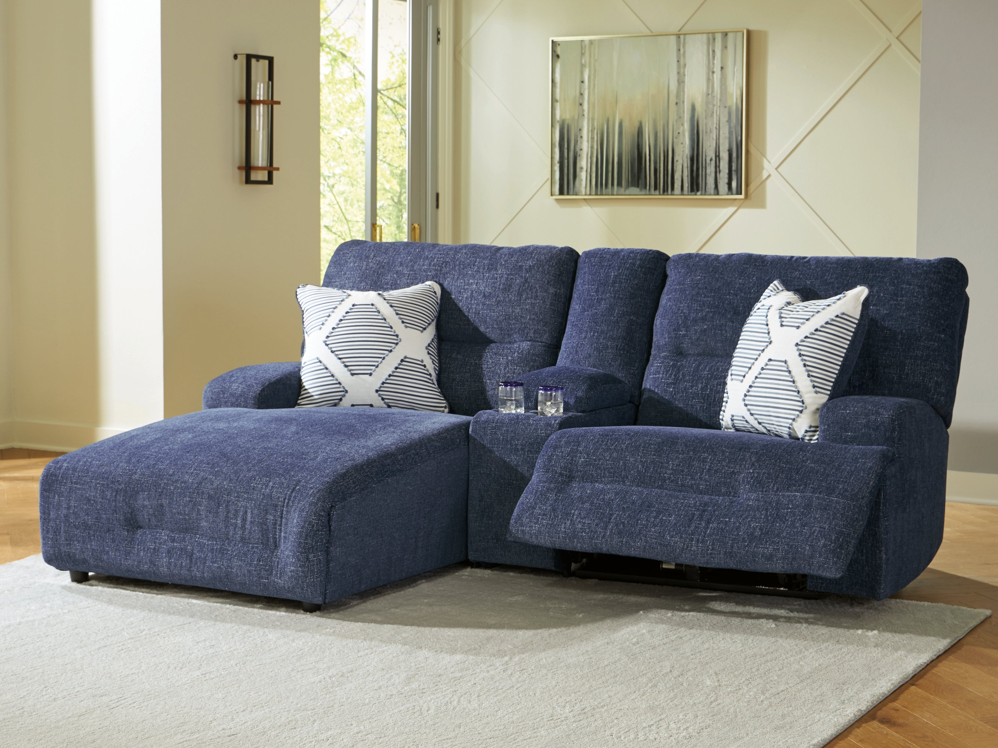 Floridian Furniture - Ashley Furniture - Acklen Place Sectional - 3-Piece Power Reclining Sectional Sofa with Chaise / Navy - 93607S5
