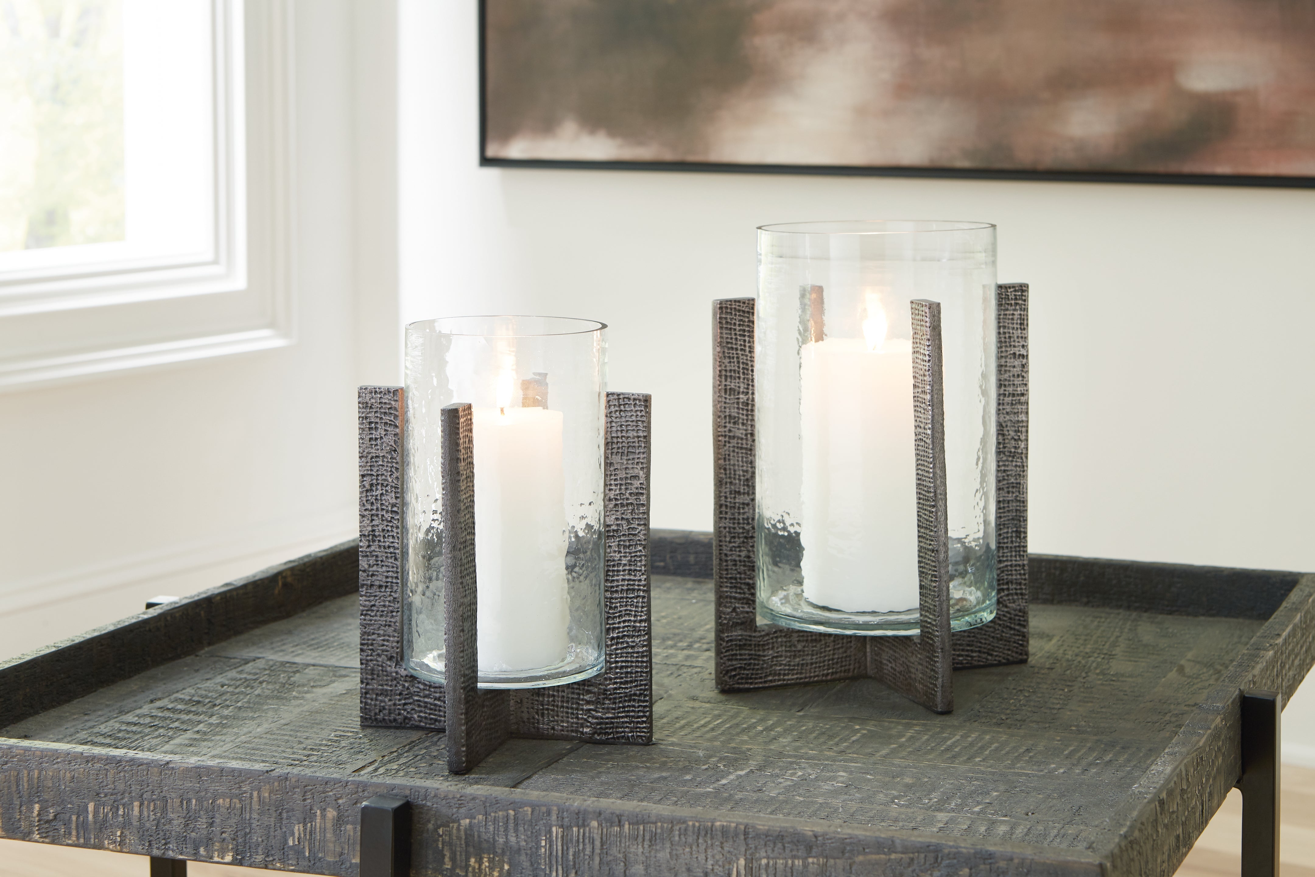 Floridian Furniture - Ashley Furniture - Garekton Candle Holder - Candle Holder Set (Set of 2) / Clear/Pewter Finish - A2000591