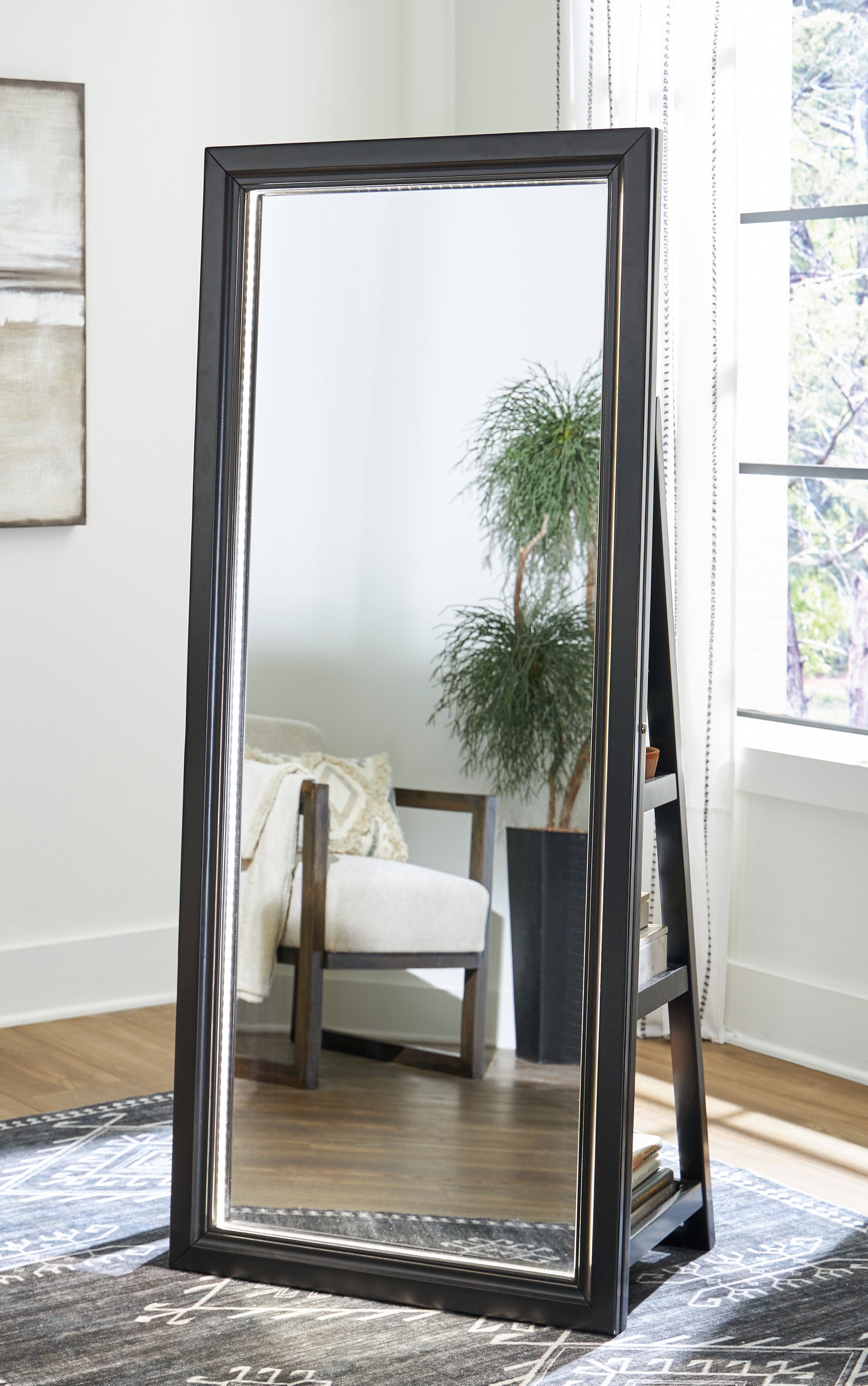 Floridian Furniture - Ashley Furniture - Evesen Mirror - Floor Standing Mirror/Storage / Black - A8010384