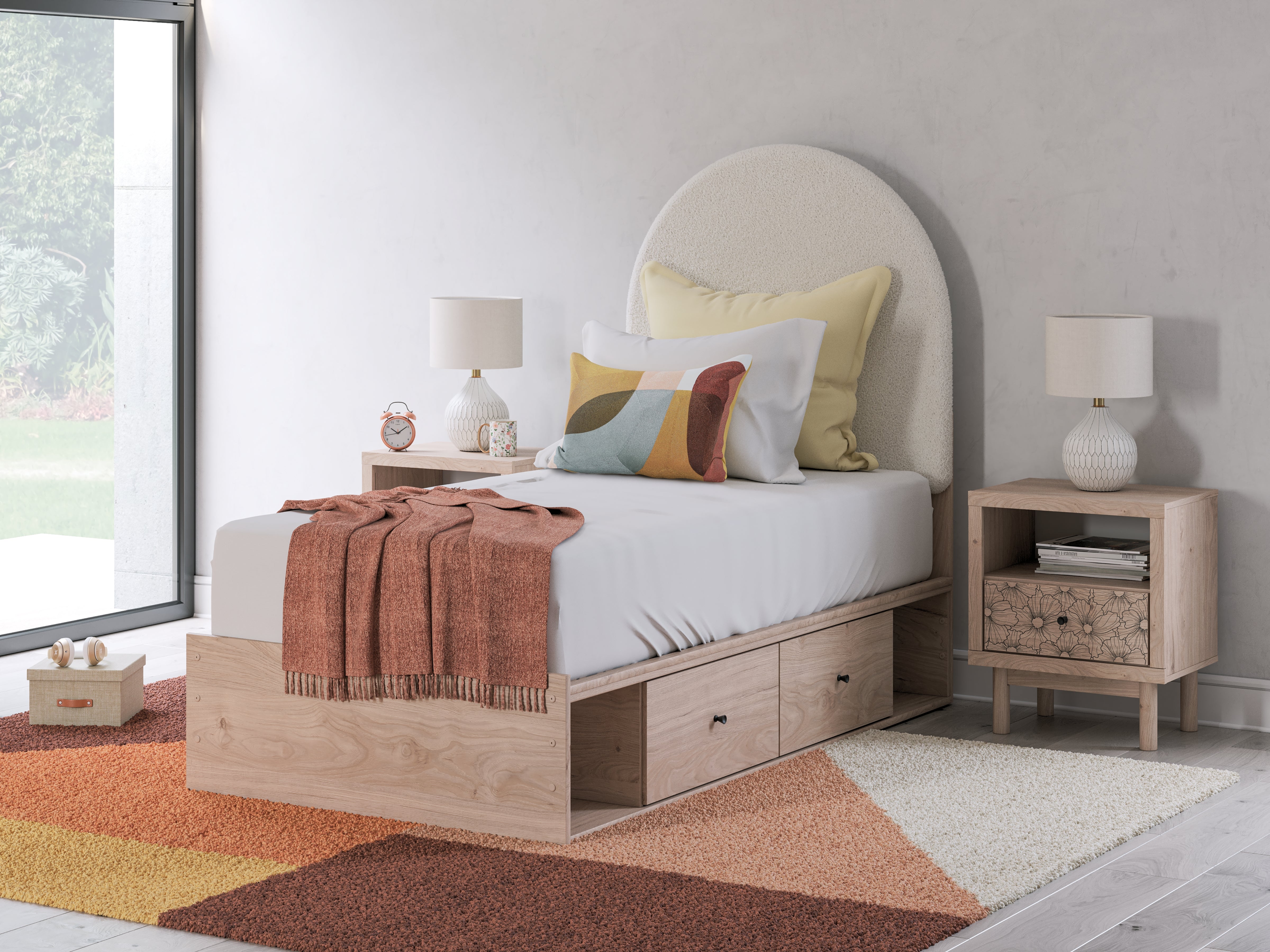 Floridian Furniture - Ashley Furniture - Arloster Bedroom - Twin Upholstered Panel Bed with Storage / Tan/White - PCB1566B4