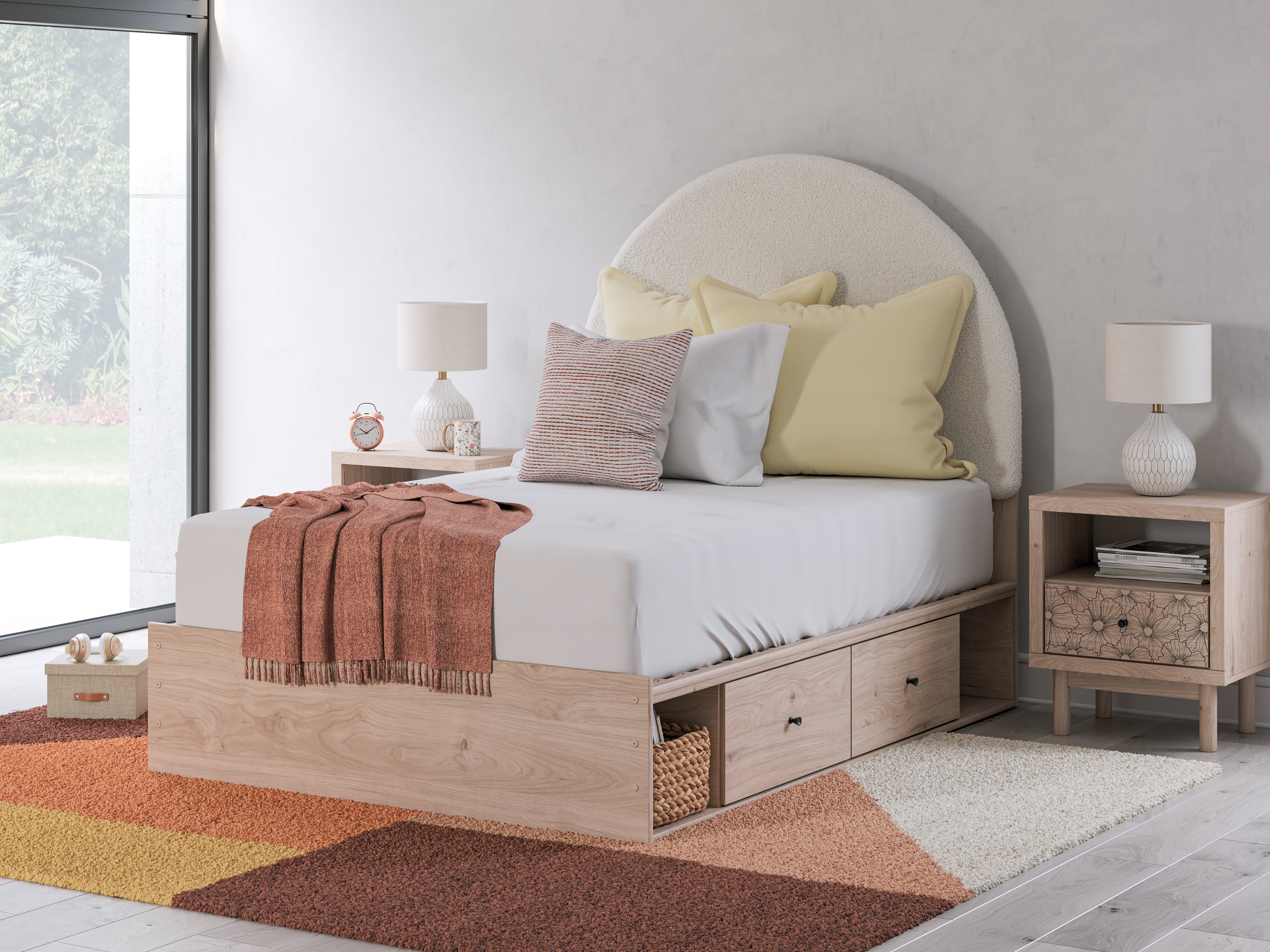 Floridian Furniture - Ashley Furniture - Arloster Bedroom - Full Upholstered Panel Bed with Storage / Tan/White - PCB1566B5