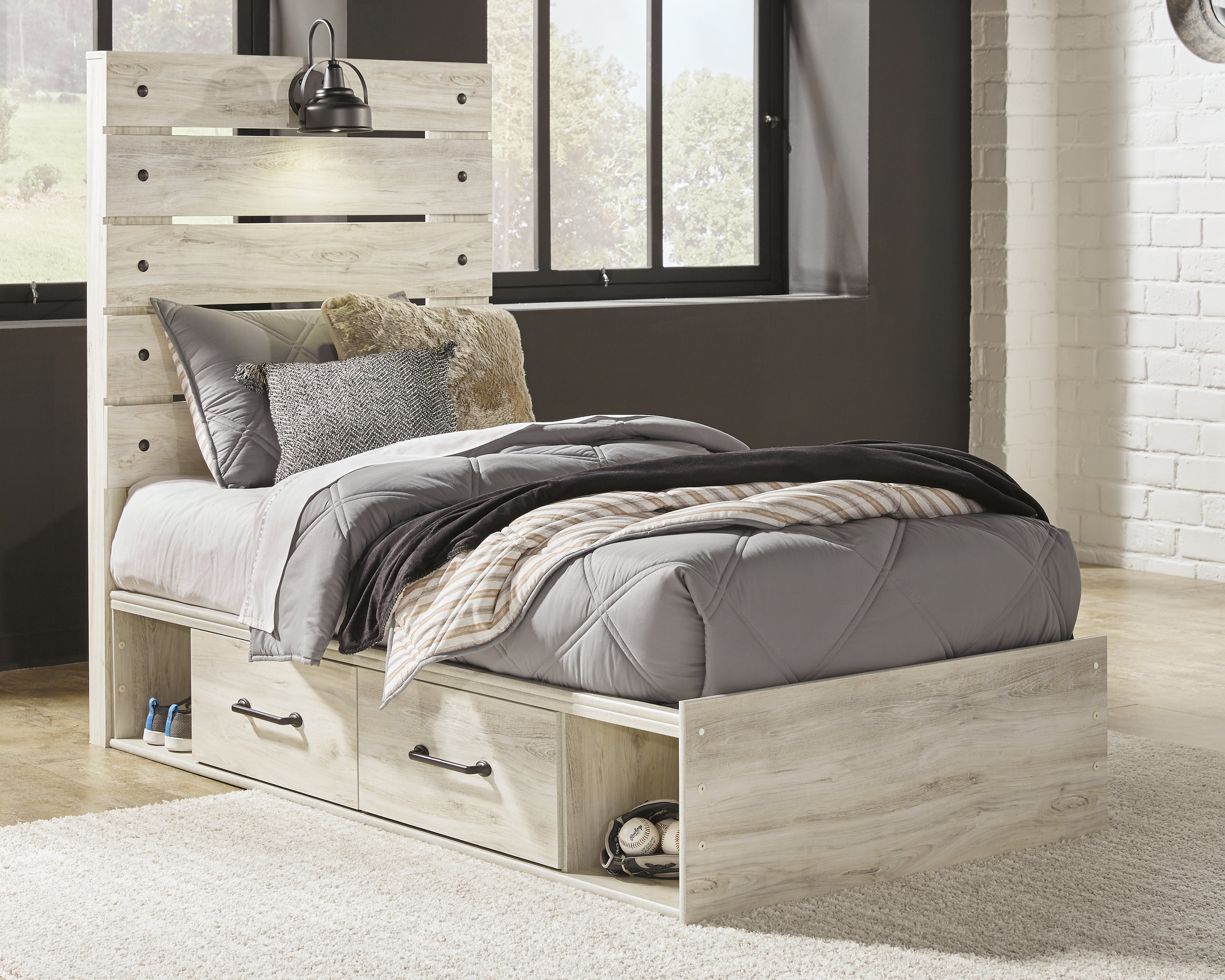 Floridian Furniture - Ashley Furniture - Cambeck Bedroom - Twin Panel Bed with 2 Storage Drawers / Whitewash - B192B13