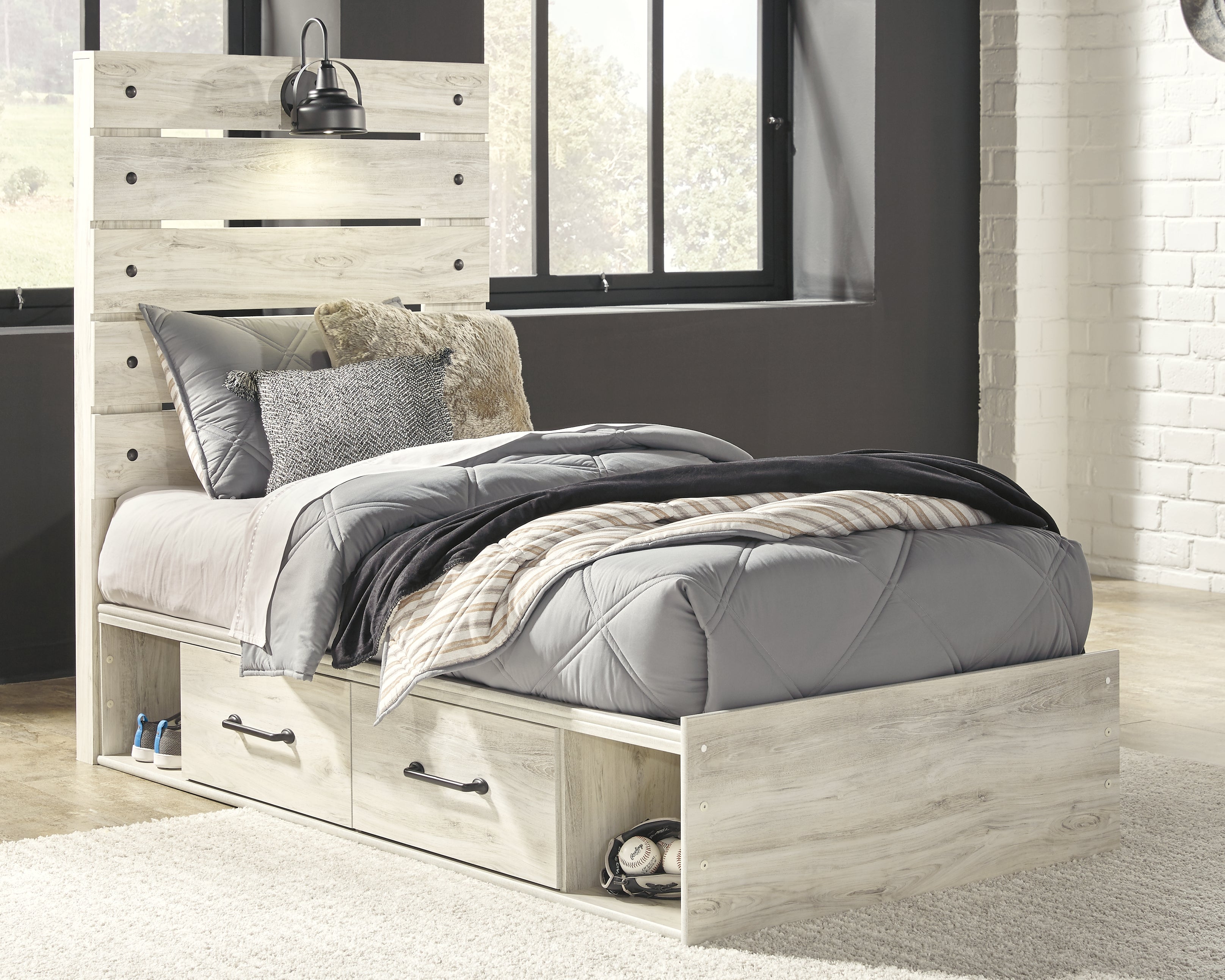 Floridian Furniture - Ashley Furniture - Cambeck Bedroom - Twin Panel Bed with 4 Storage Drawers / Whitewash - B192B21
