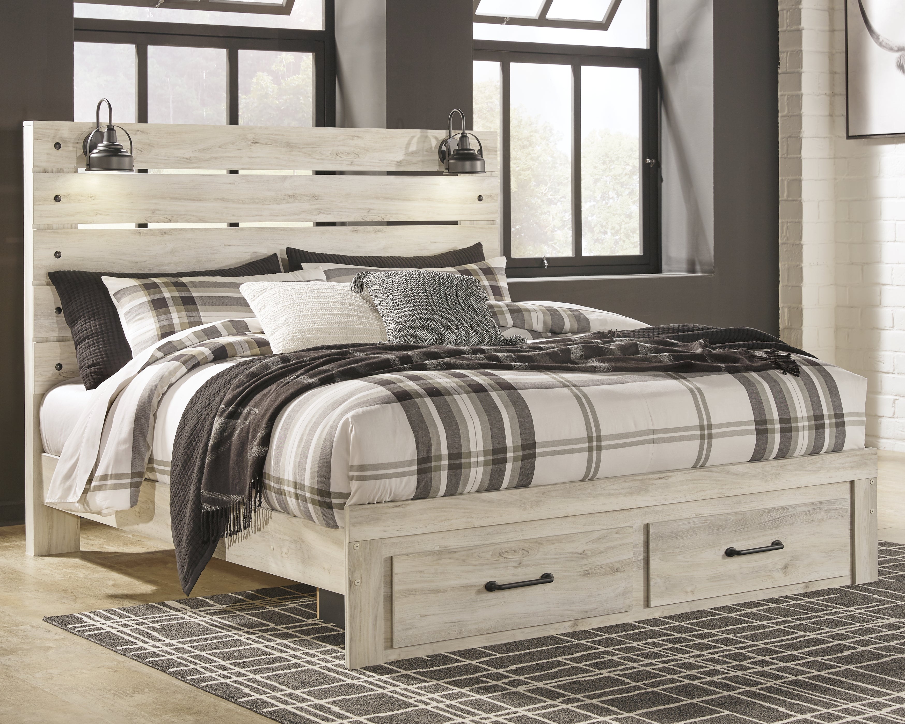 Floridian Furniture - Ashley Furniture - Cambeck Bedroom - King Panel Bed with 2 Storage Drawers / Whitewash - B192B31