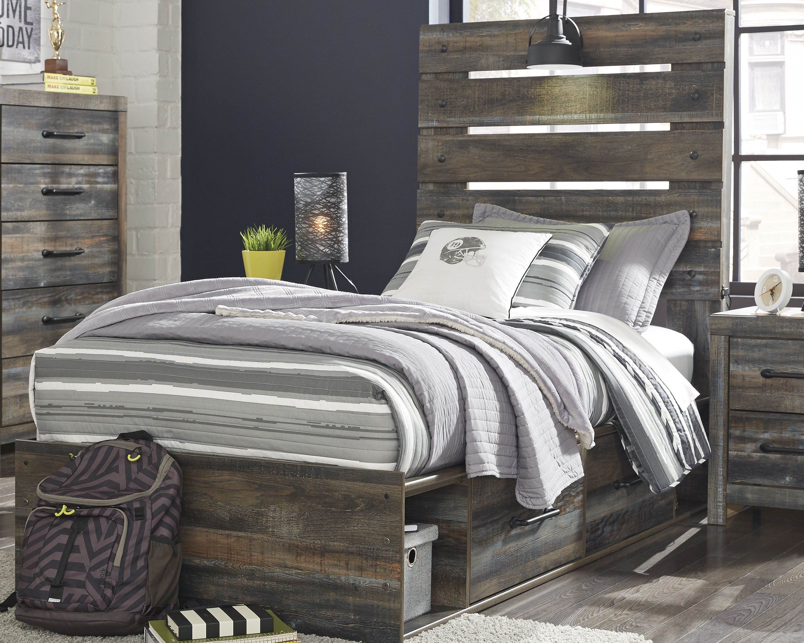 Floridian Furniture - Ashley Furniture - Drystan Bedroom - Twin Panel Bed with 4 Storage Drawers / Multi - B211B11
