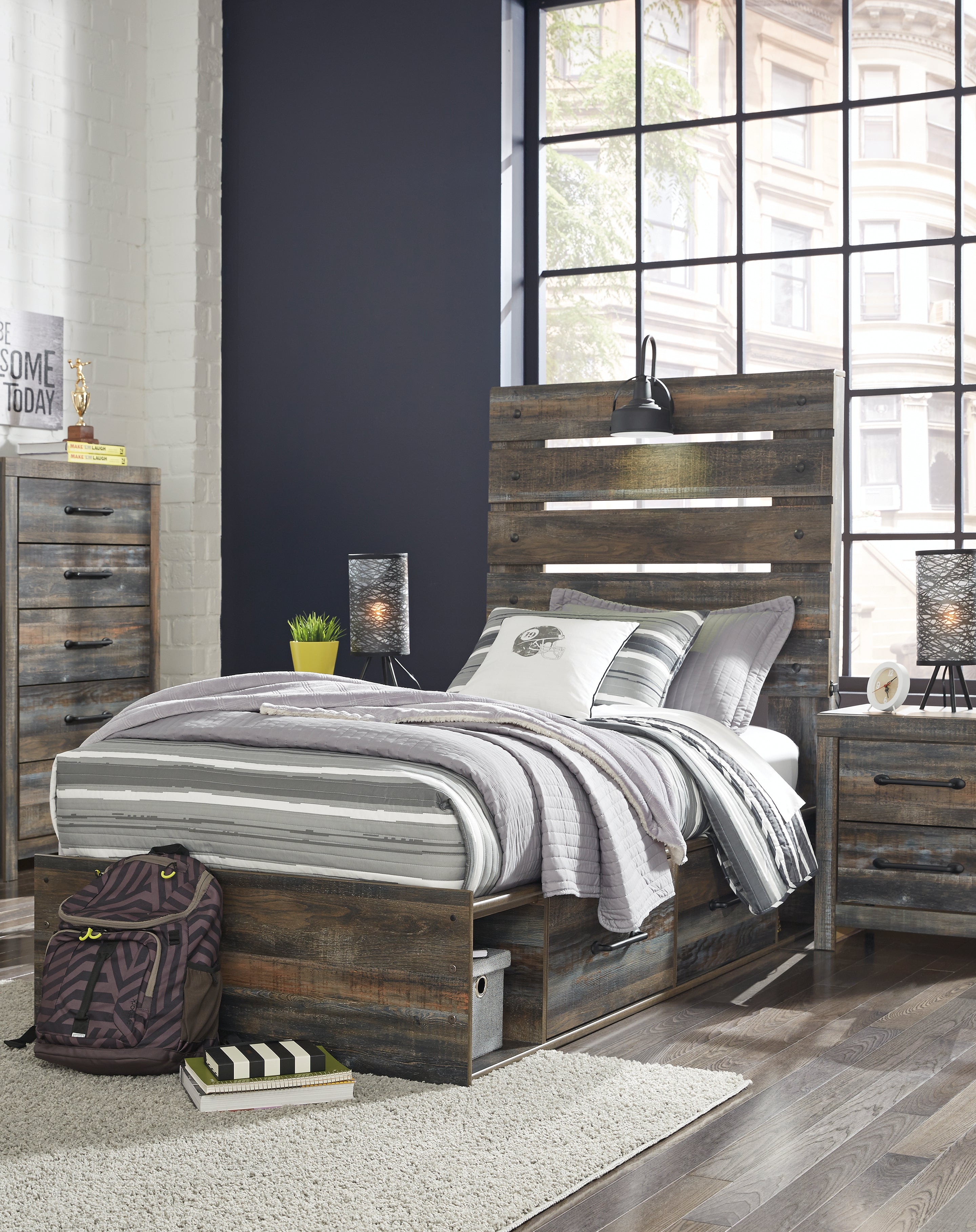 Floridian Furniture - Ashley Furniture - Drystan Bedroom - Twin Panel Bed with 2 Storage Drawers / Multi - B211B8