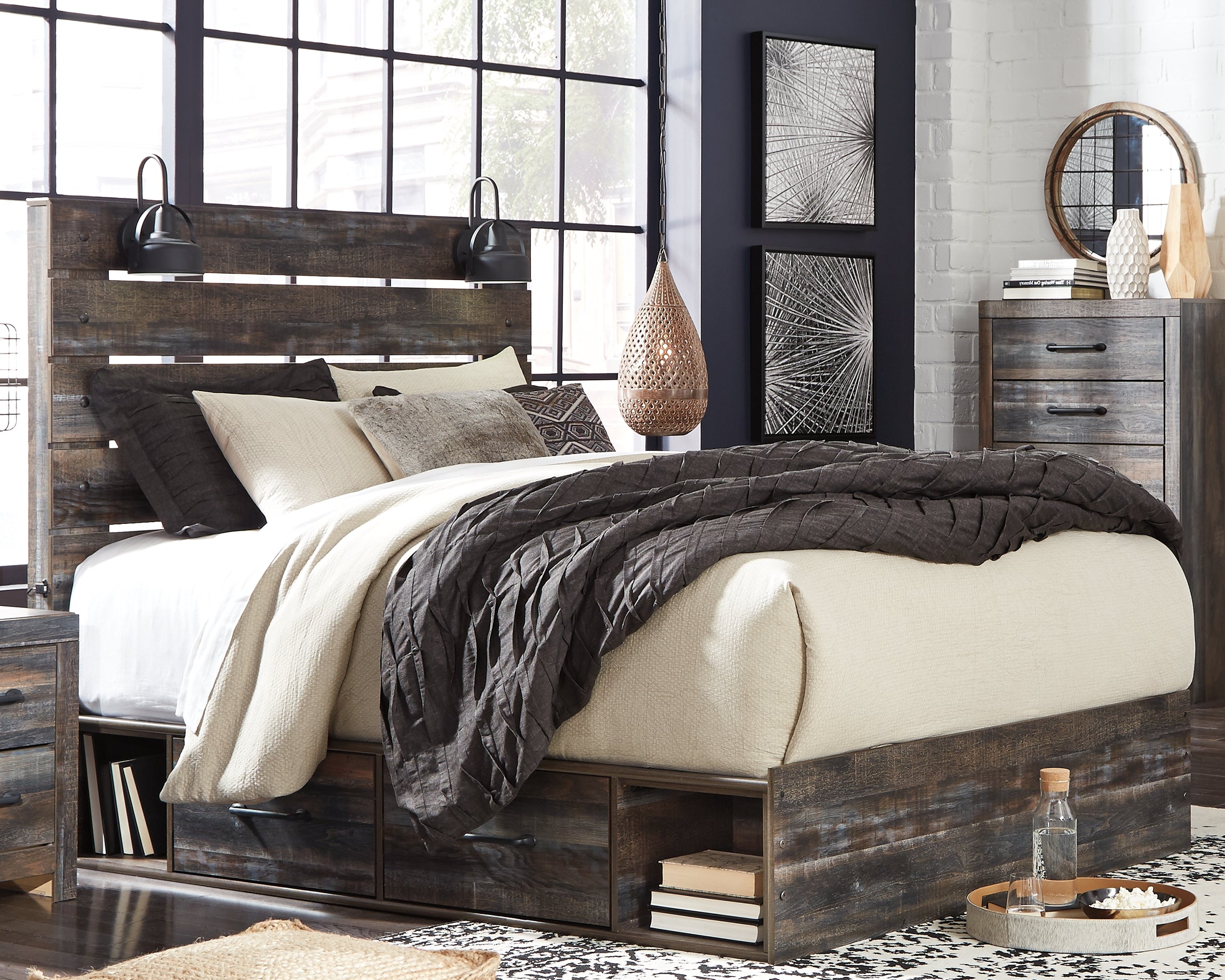 Floridian Furniture - Ashley Furniture - Drystan Bedroom - Queen Panel Bed with 4 Storage Drawers / Multi - B211B13