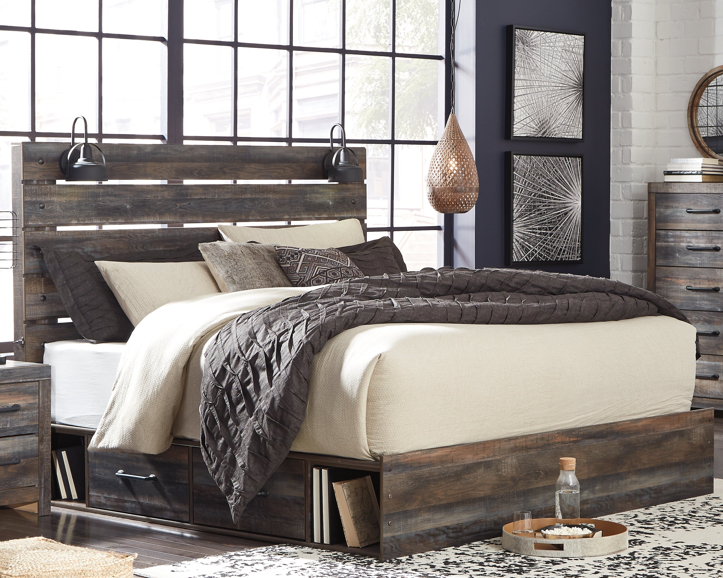 Floridian Furniture - Ashley Furniture - Drystan Bedroom - King Panel Bed with 4 Storage Drawers / Multi - B211B54