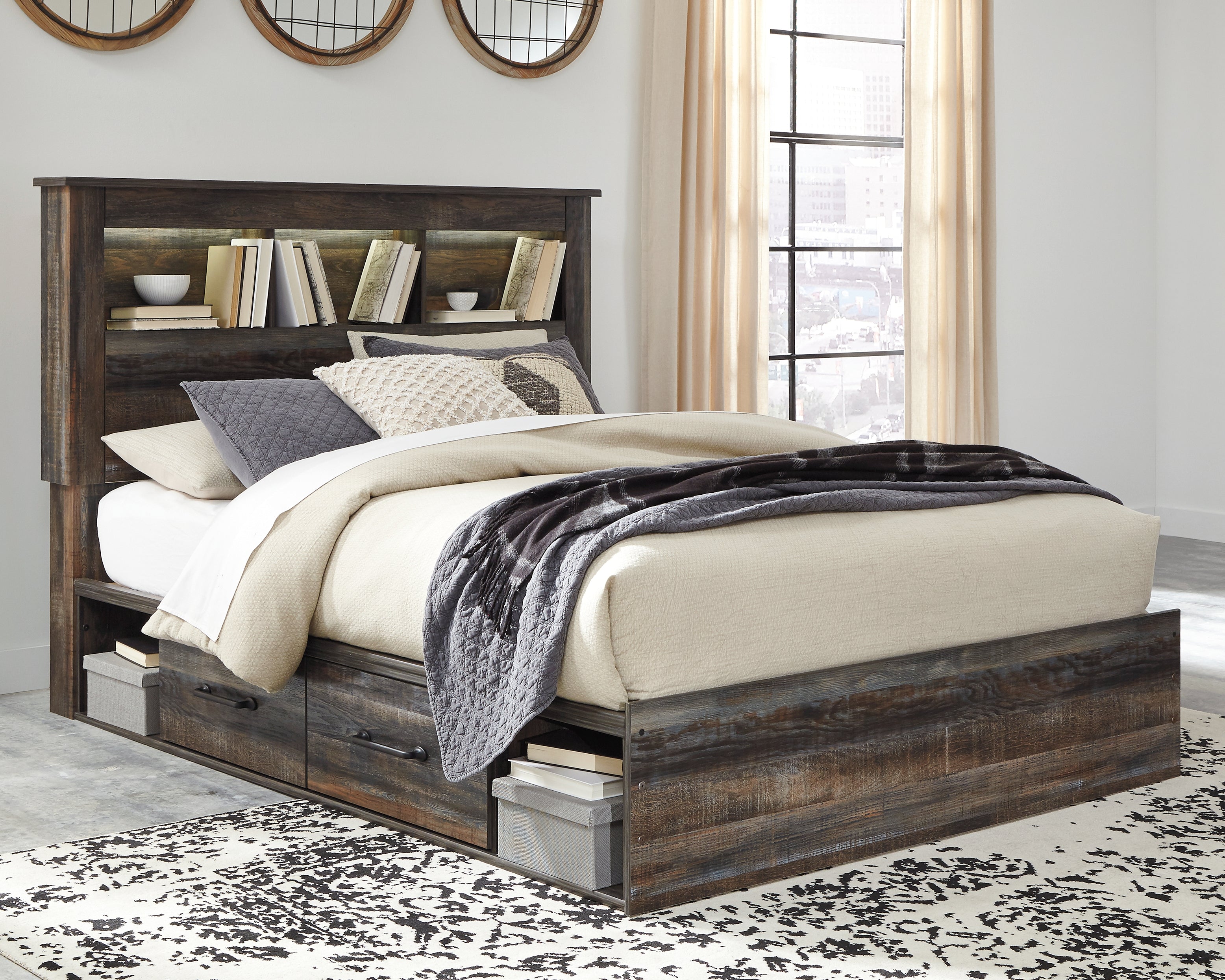 Floridian Furniture - Ashley Furniture - Drystan Bedroom - Queen Bookcase Bed with 4 Storage Drawers / Multi - B211B18