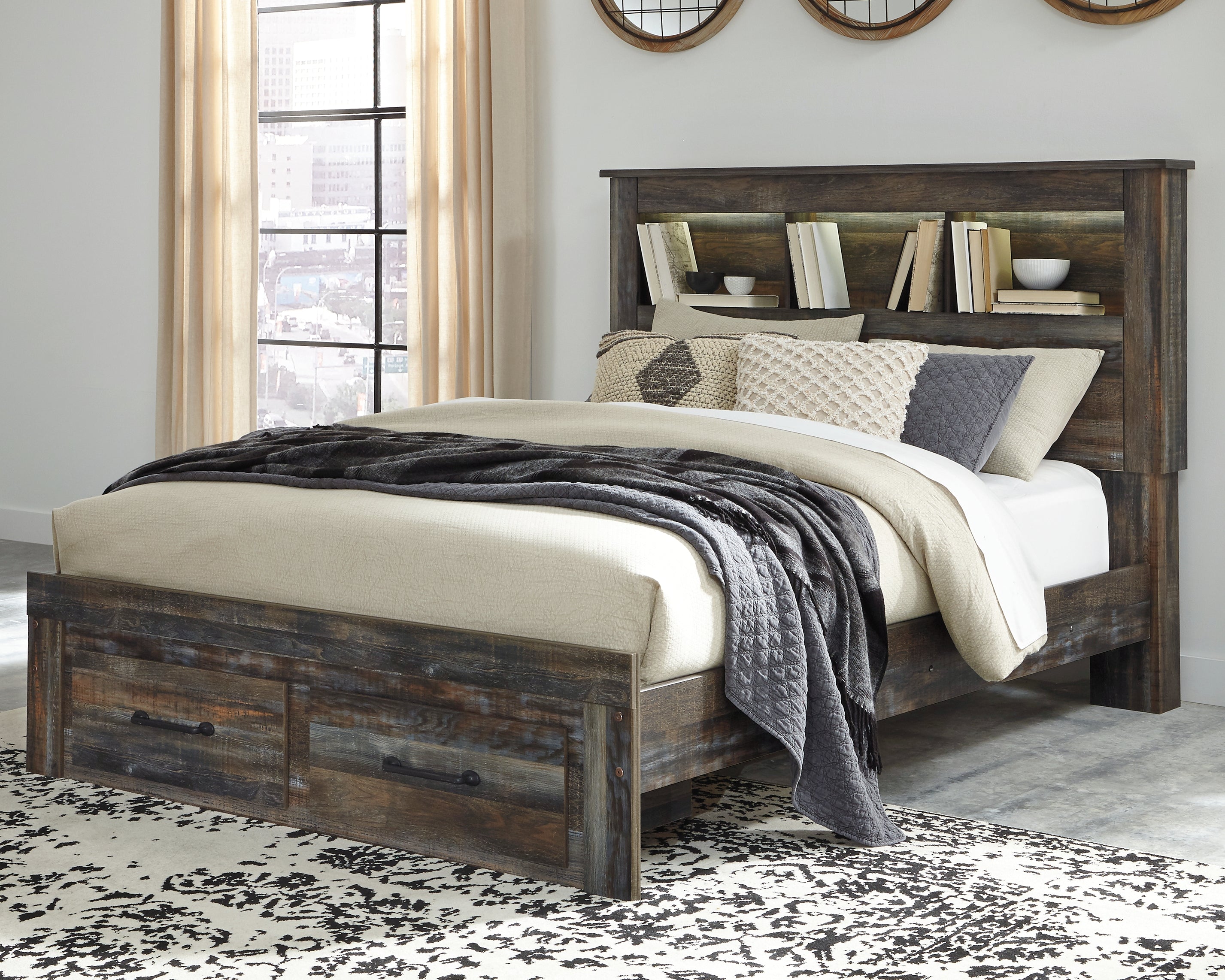 Floridian Furniture - Ashley Furniture - Drystan Bedroom - Queen Bookcase Bed with 2 Storage Drawers / Multi - B211B23