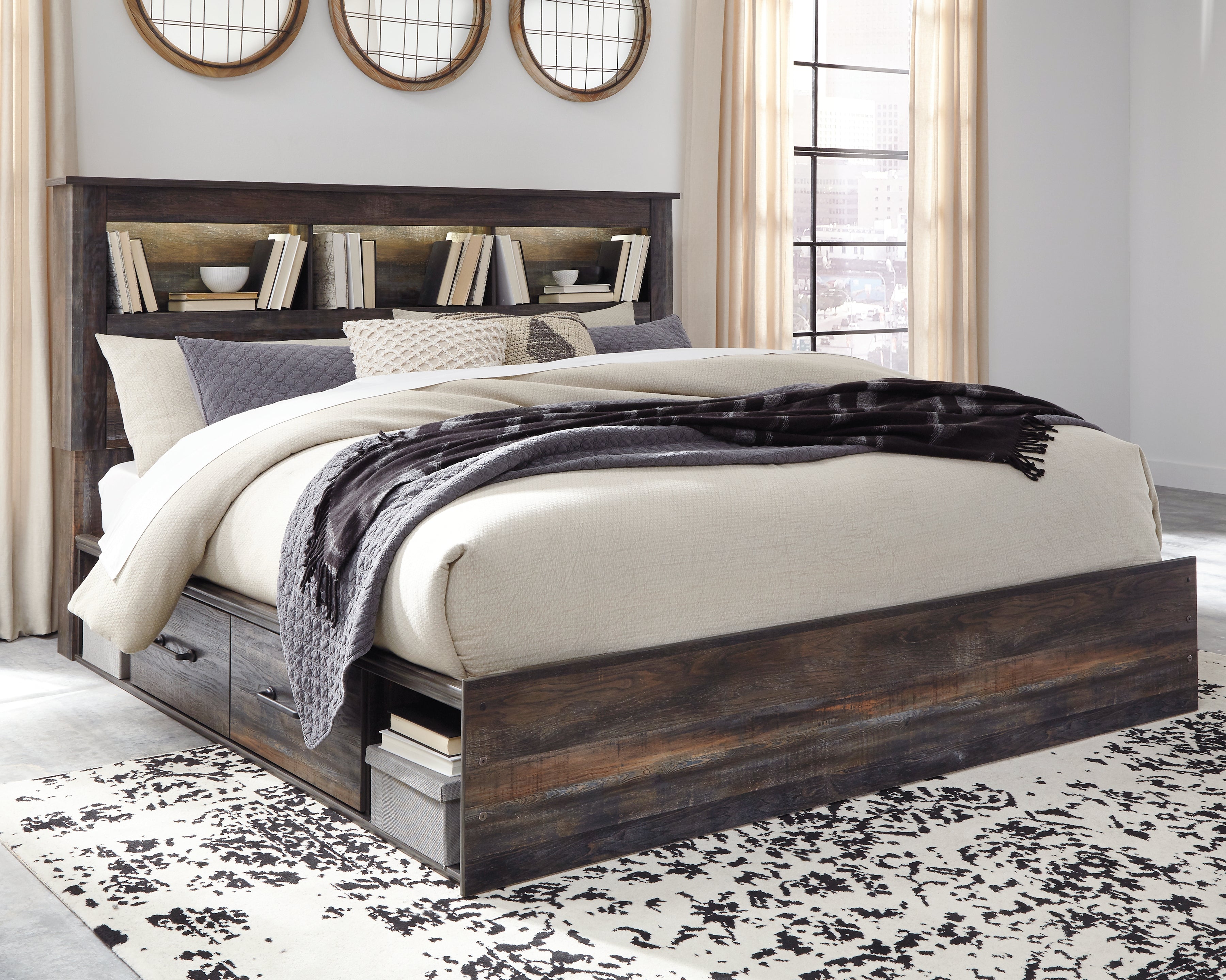 Floridian Furniture - Ashley Furniture - Drystan Bedroom - King Bookcase Bed with 4 Storage Drawers / Multi - B211B52