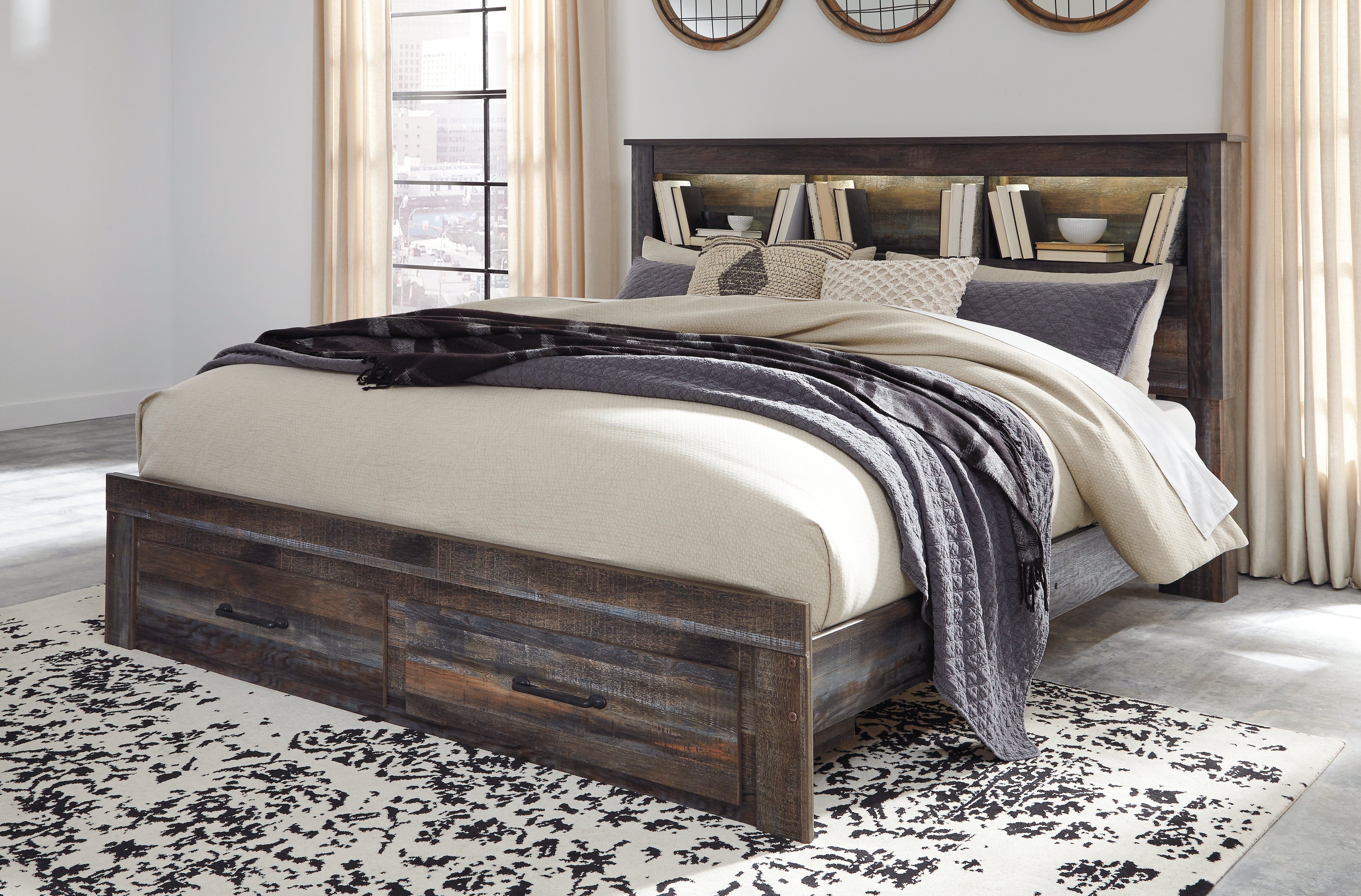 Floridian Furniture - Ashley Furniture - Drystan Bedroom - King Bookcase Bed with 2 Storage Drawers / Multi - B211B27