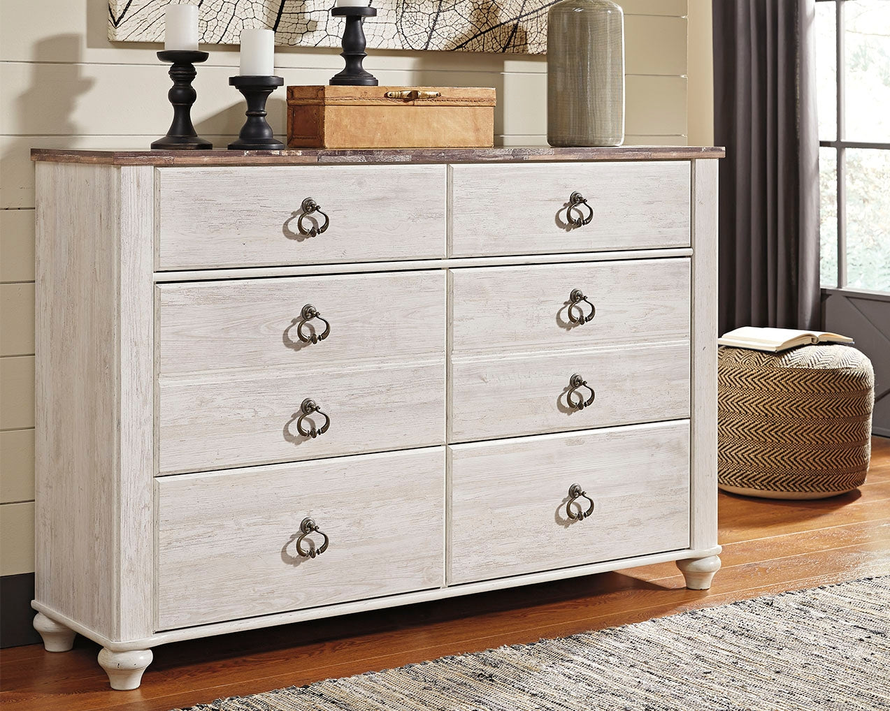 Floridian Furniture - Ashley Furniture - Willowton Bedroom - Six Drawer Dresser / Whitewash - B267-31