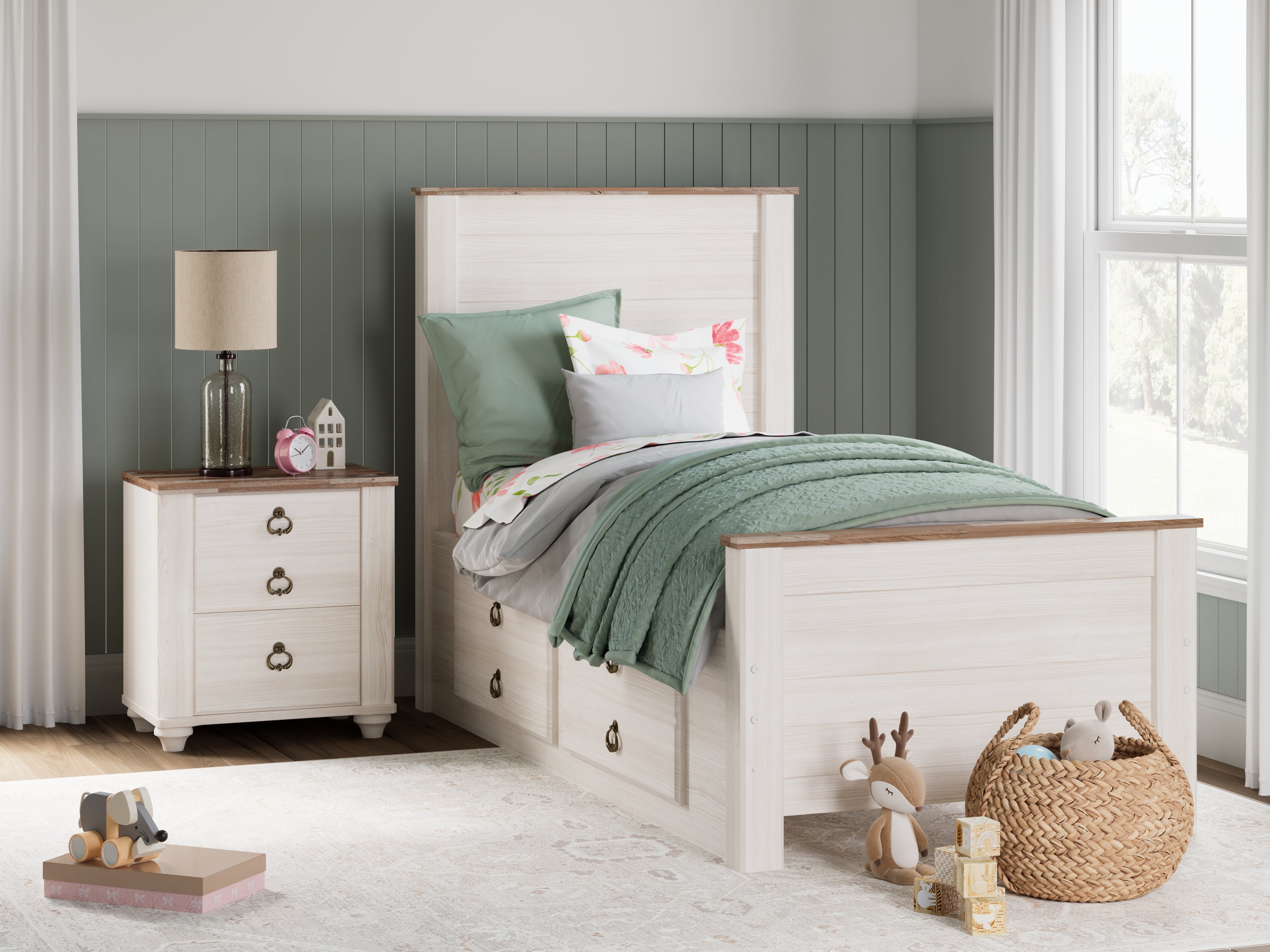 Floridian Furniture - Ashley Furniture - Willowton Bedroom - Twin Panel Bed with 2 Storage Drawers / Whitewash - B267B21