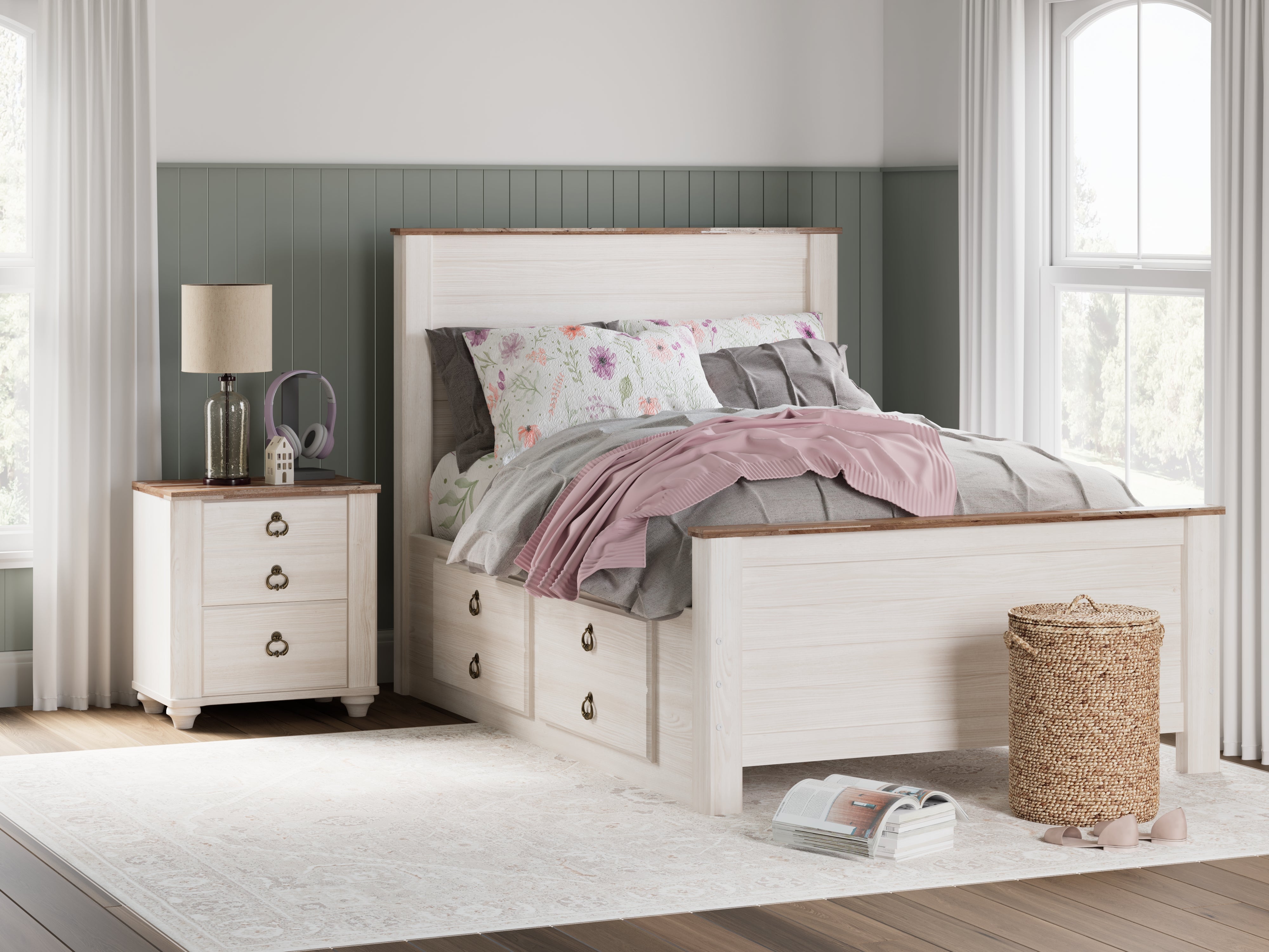 Floridian Furniture - Ashley Furniture - Willowton Bedroom - Full Panel Bed with 2 Storage Drawers / Whitewash - B267B22