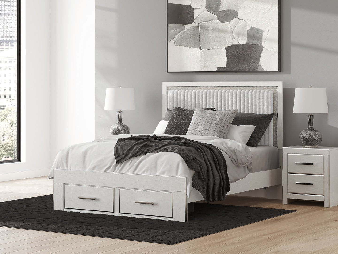 Floridian Furniture - Ashley Furniture - Zuraleus Bedroom - Queen Upholstered Panel Platform Storage Bed / White - PCB3381B4