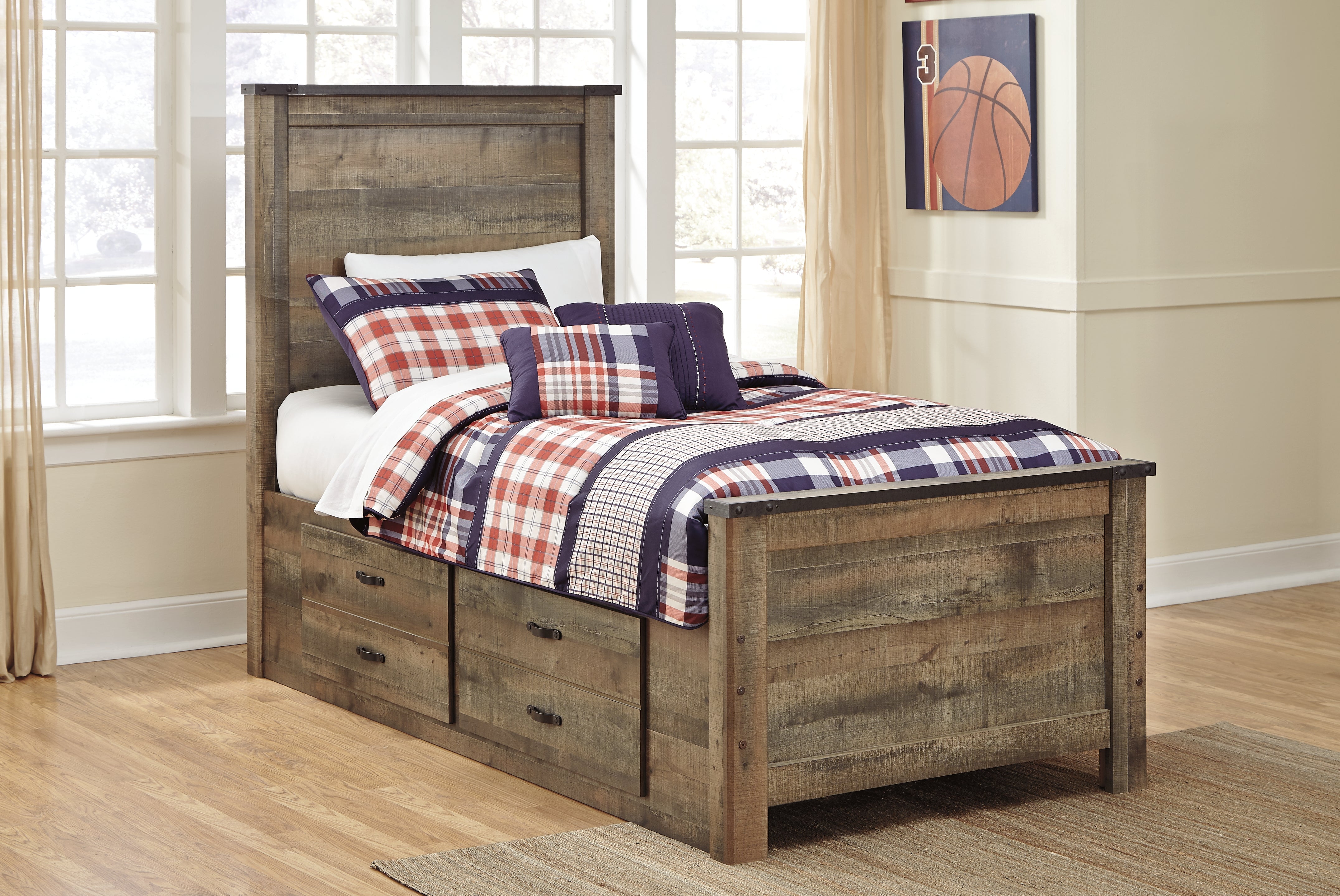 Floridian Furniture - Ashley Furniture - Trinell Bedroom - Twin Panel Bed with 2 Storage Drawers / Brown - B446B15