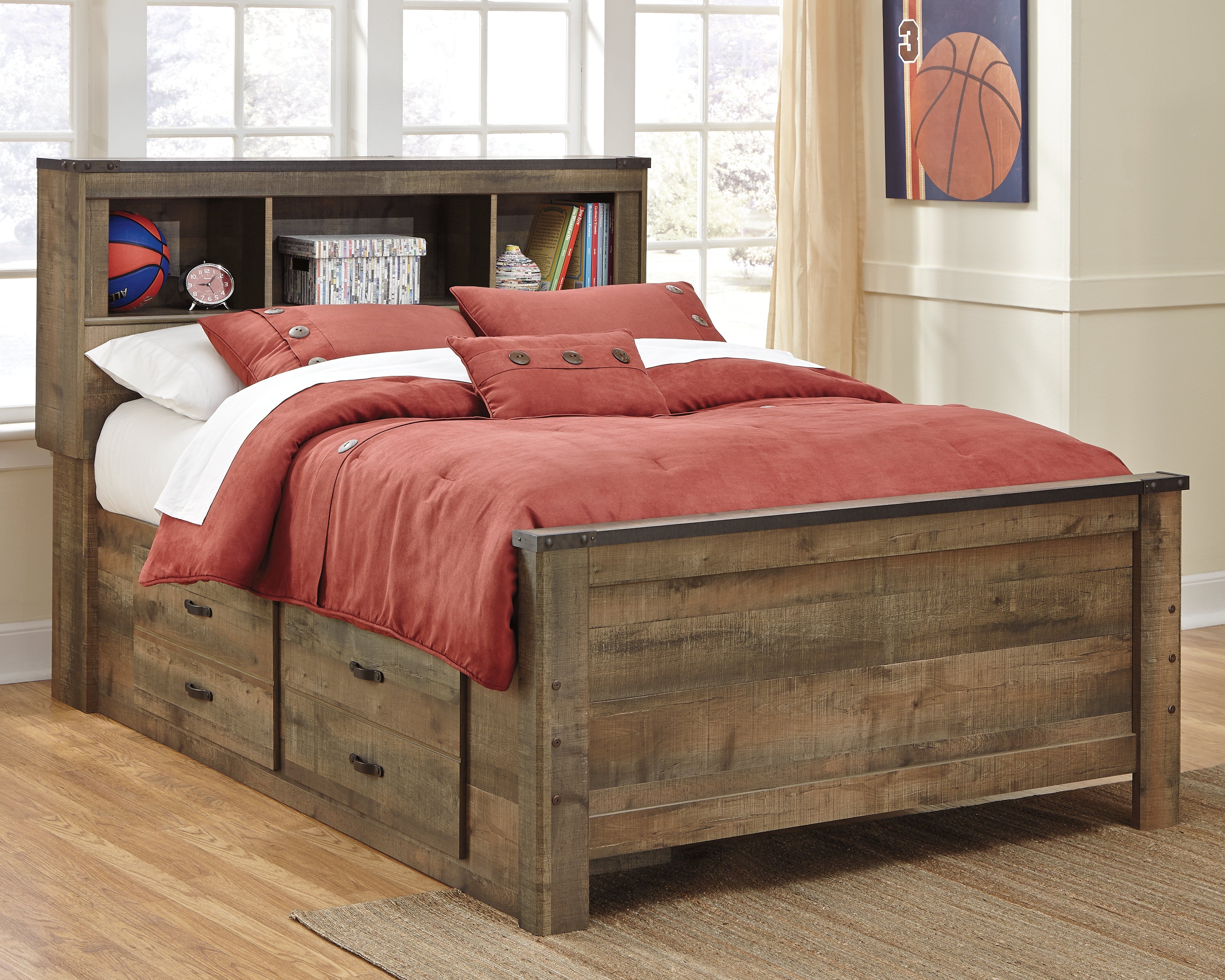 Floridian Furniture - Ashley Furniture - Trinell Bedroom - Full Bookcase Bed with 2 Sided Storage / Brown - B446B79
