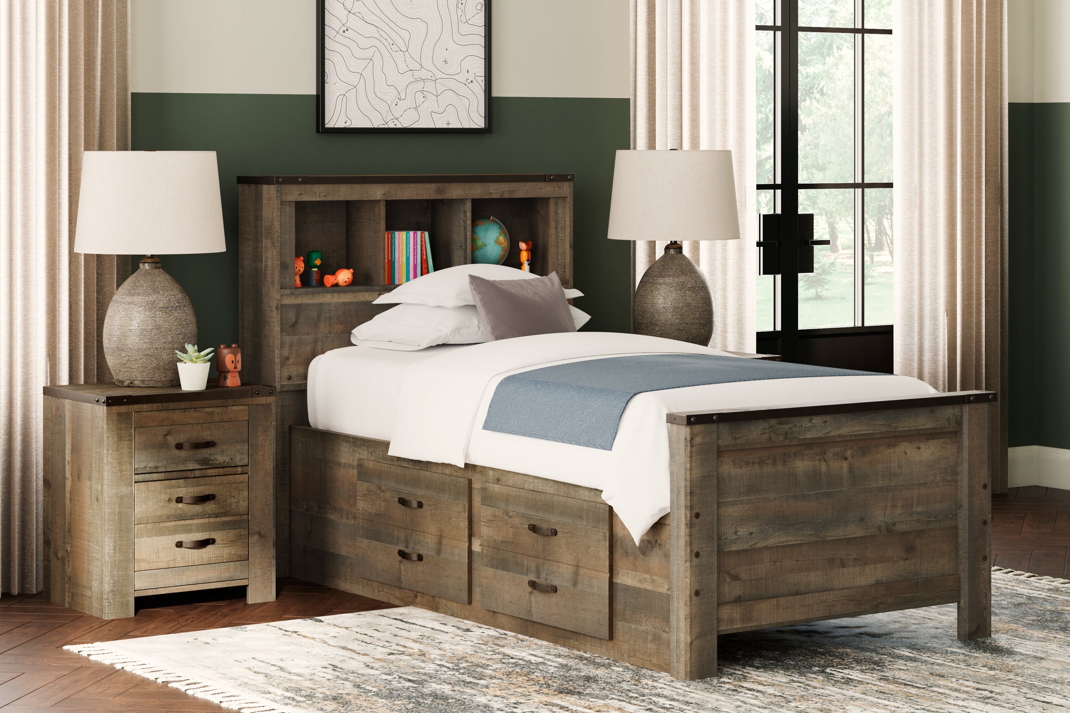 Floridian Furniture - Ashley Furniture - Trinell Bedroom - Twin Bookcase Bed with 2 Storage Drawers / Brown - B446B17