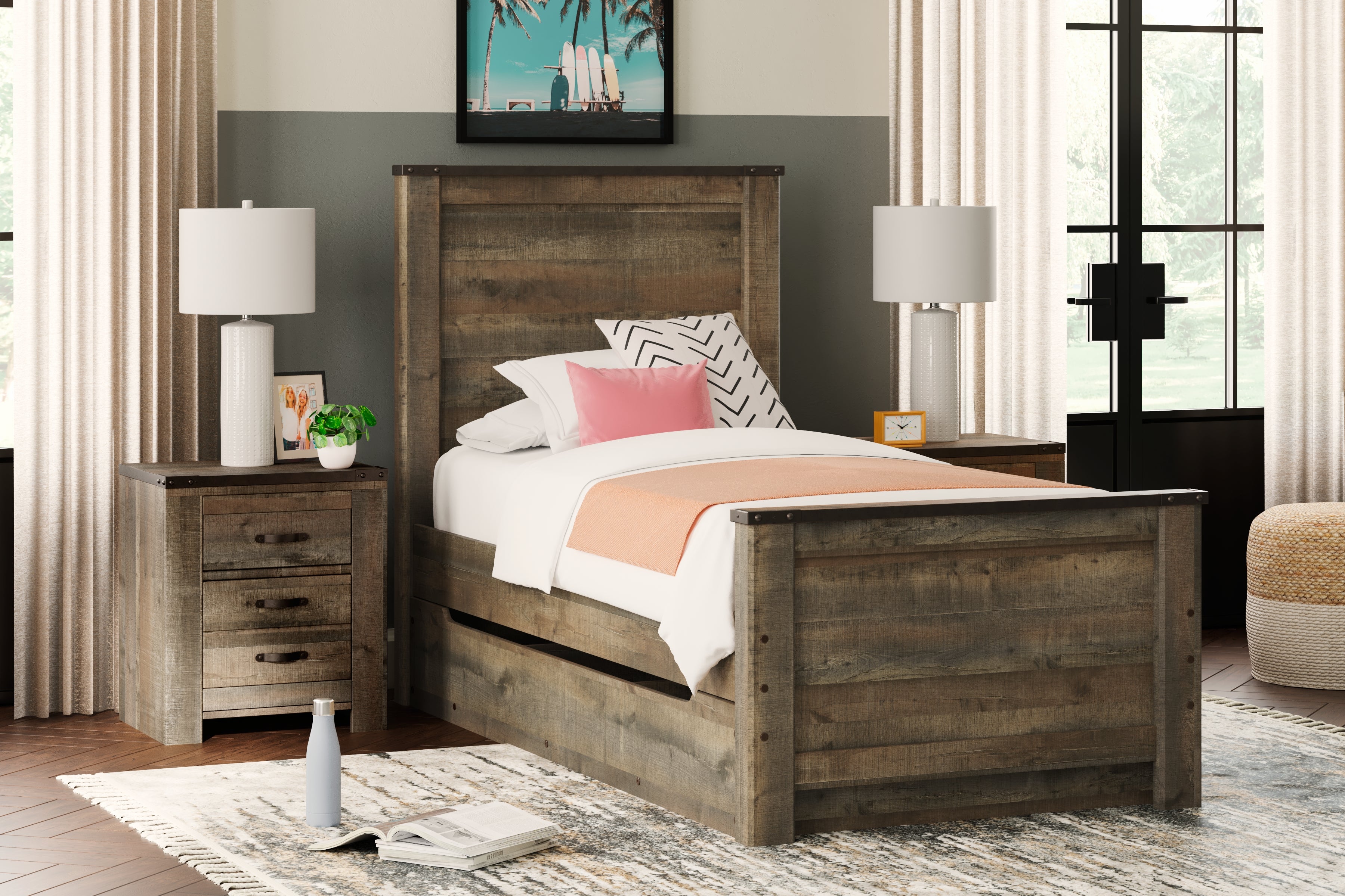 Floridian Furniture - Ashley Furniture - Trinell Bedroom - Twin Panel Bed with 1 Large Storage Drawer / Brown - B446B8