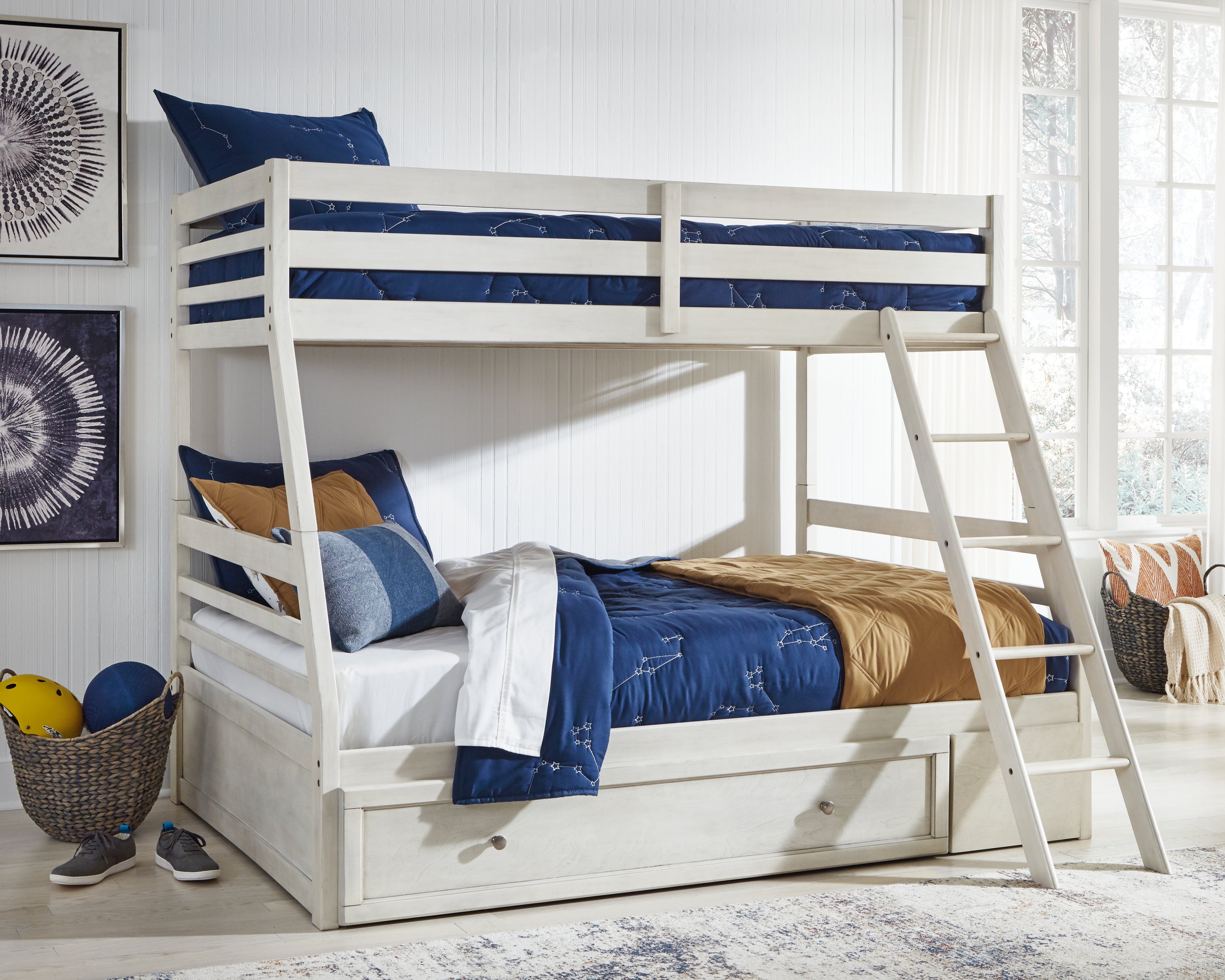 Floridian Furniture - Ashley Furniture - Robbinsdale Bedroom - Twin over Full Bunk Bed with Storage / Antique White - B742B16