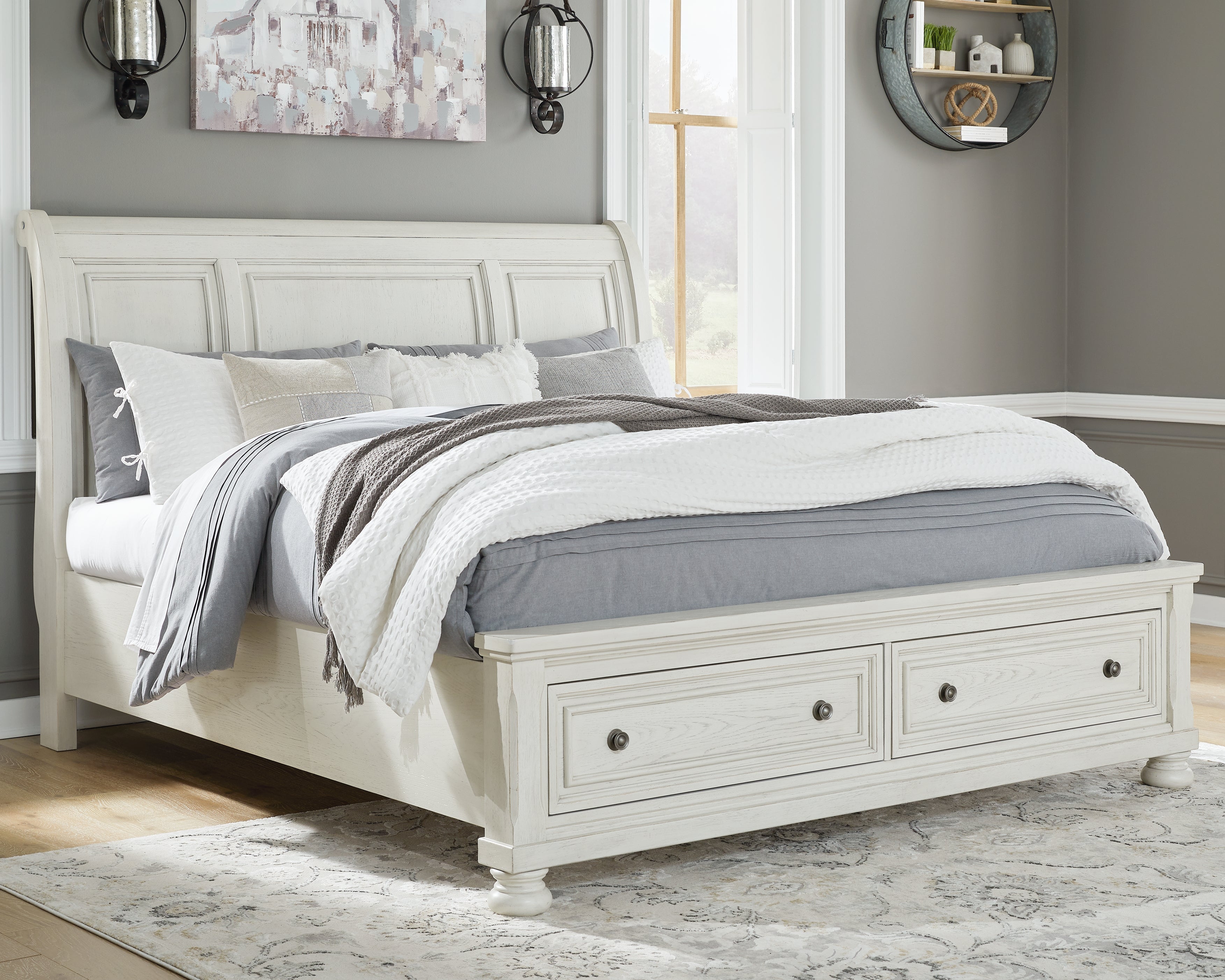 Floridian Furniture - Ashley Furniture - Robbinsdale Bedroom - King Sleigh Bed with Storage / Antique White - B742B8