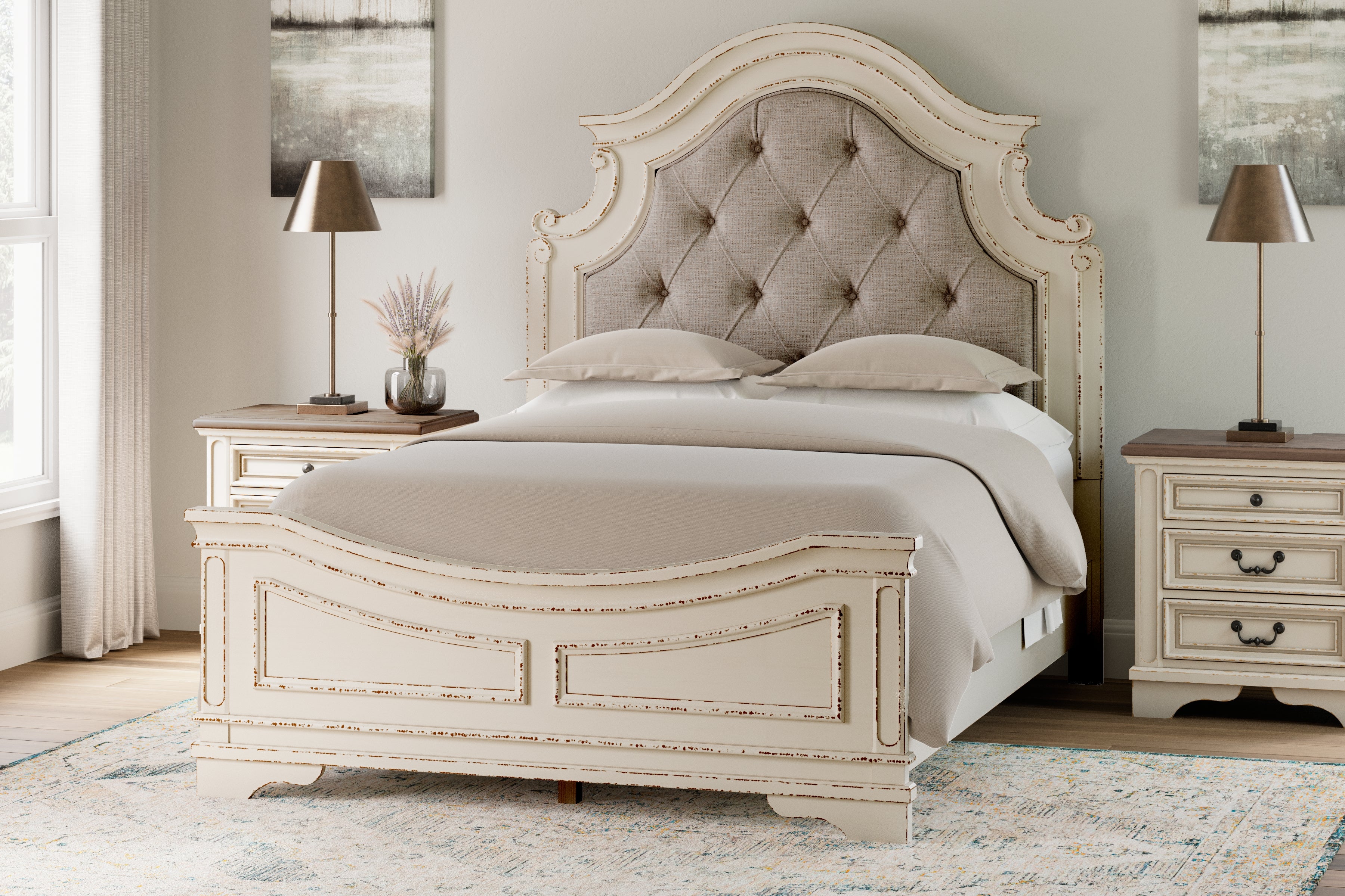 Floridian Furniture - Ashley Furniture - Realyn Bedroom - Queen Upholstered Panel Bed / Chipped White - B743B2