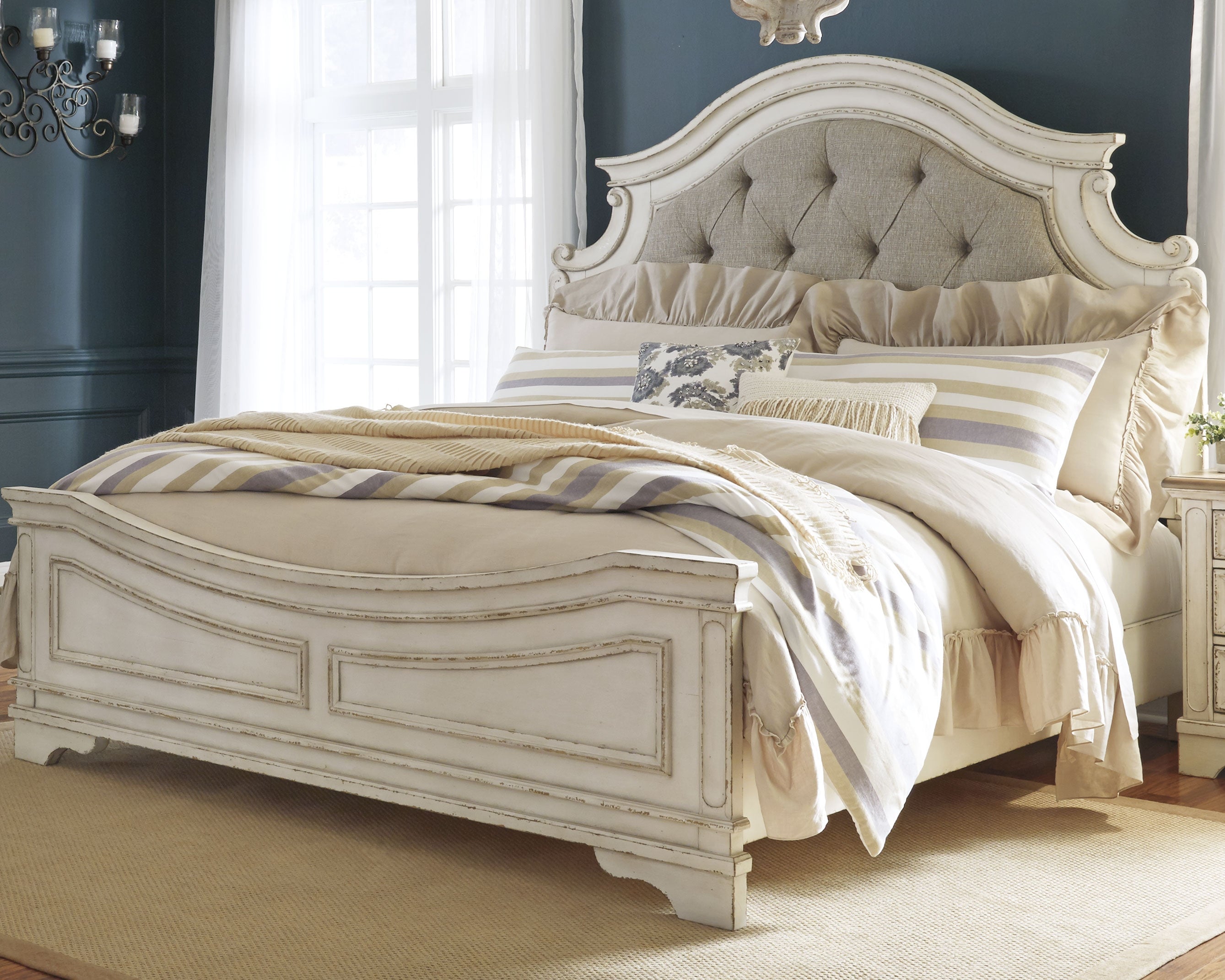Floridian Furniture - Ashley Furniture - Realyn Bedroom - California King Upholstered Panel Bed / Chipped White - B743B7