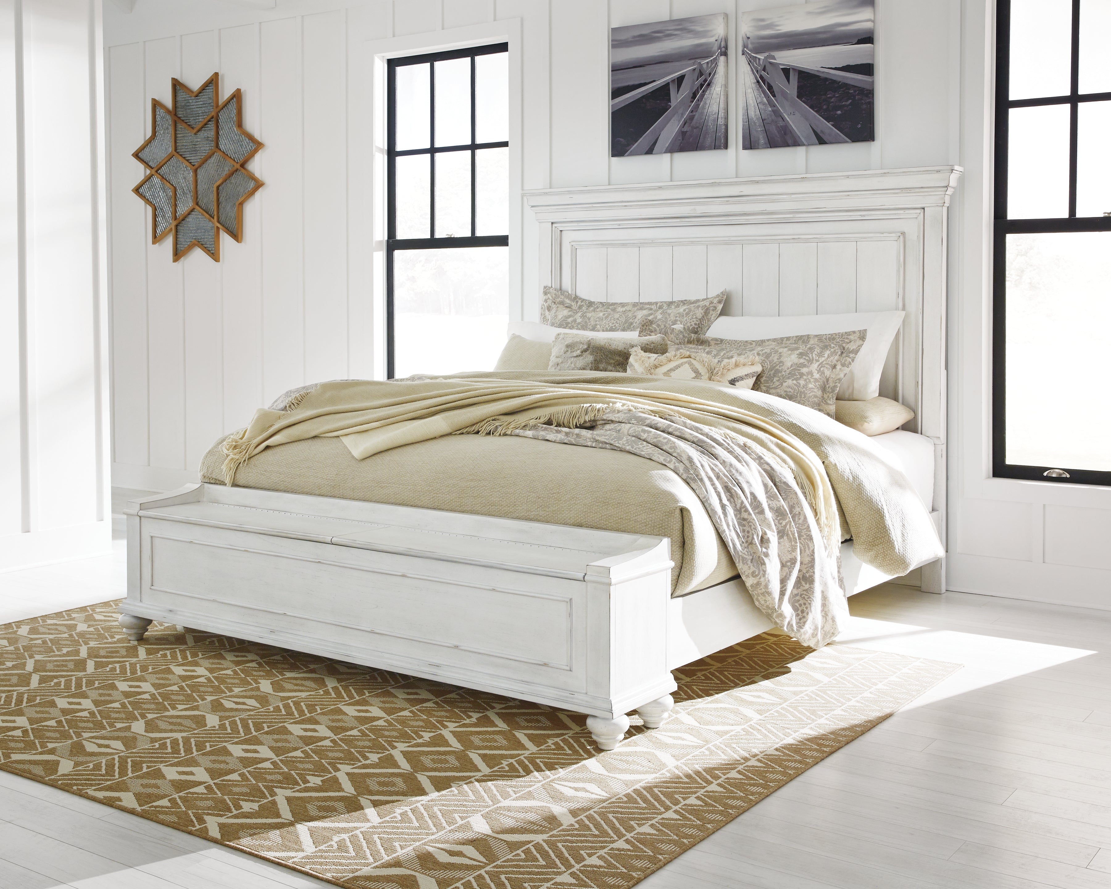 Floridian Furniture - Ashley Furniture - Kanwyn Bedroom - California King Panel Bed with Storage Bench / Whitewash - B777B12
