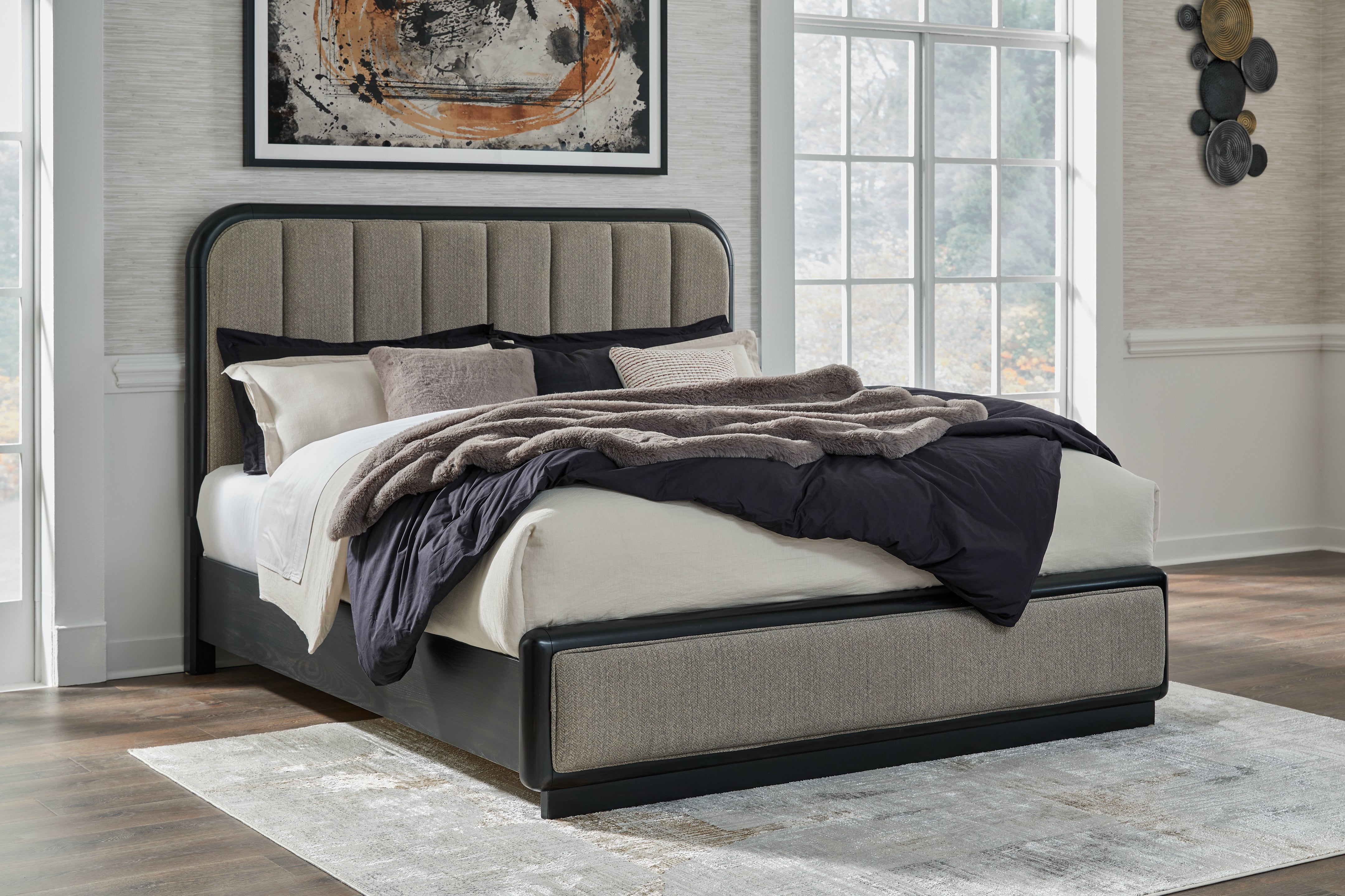 Floridian Furniture - Ashley Furniture - Rowanbeck Bedroom - California King Upholstered Panel Bed / Gray/Black - B821B5